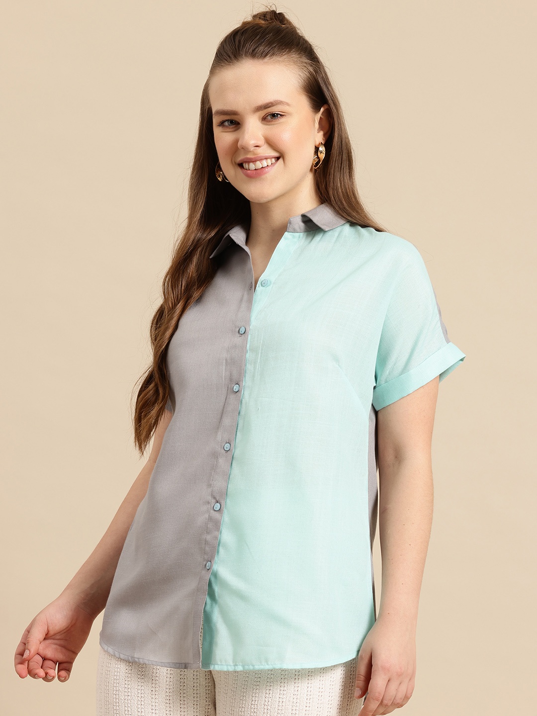 

Qurvii Women Comfort Semi Sheer Colourblocked Casual Shirt, Grey