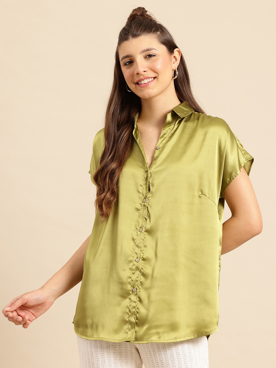 

Qurvii Women Comfort Satin Casual Shirt, Olive