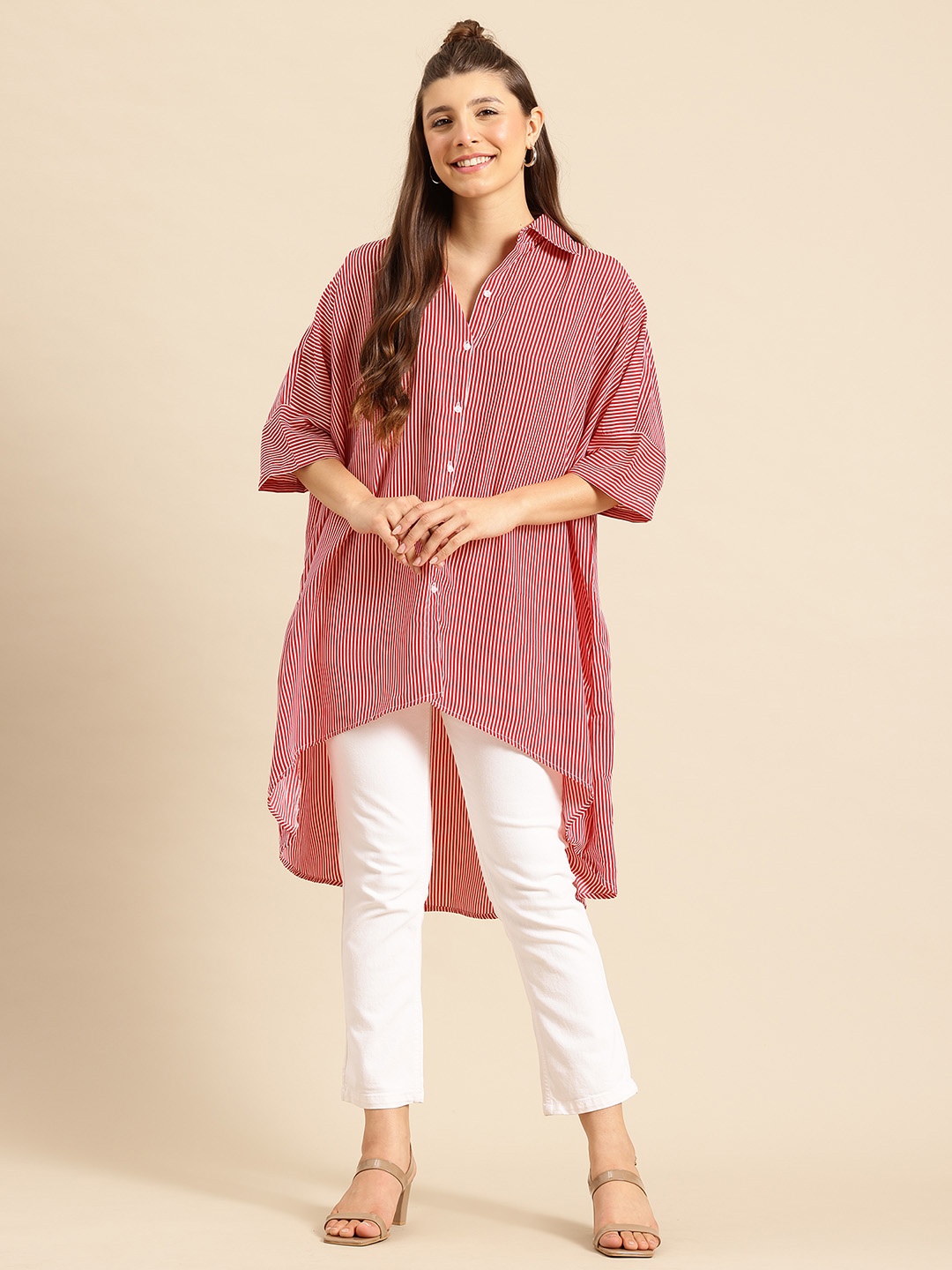 

Qurvii Women Comfort Striped Loose Fit Longline Crepe Casual Shirt, Red