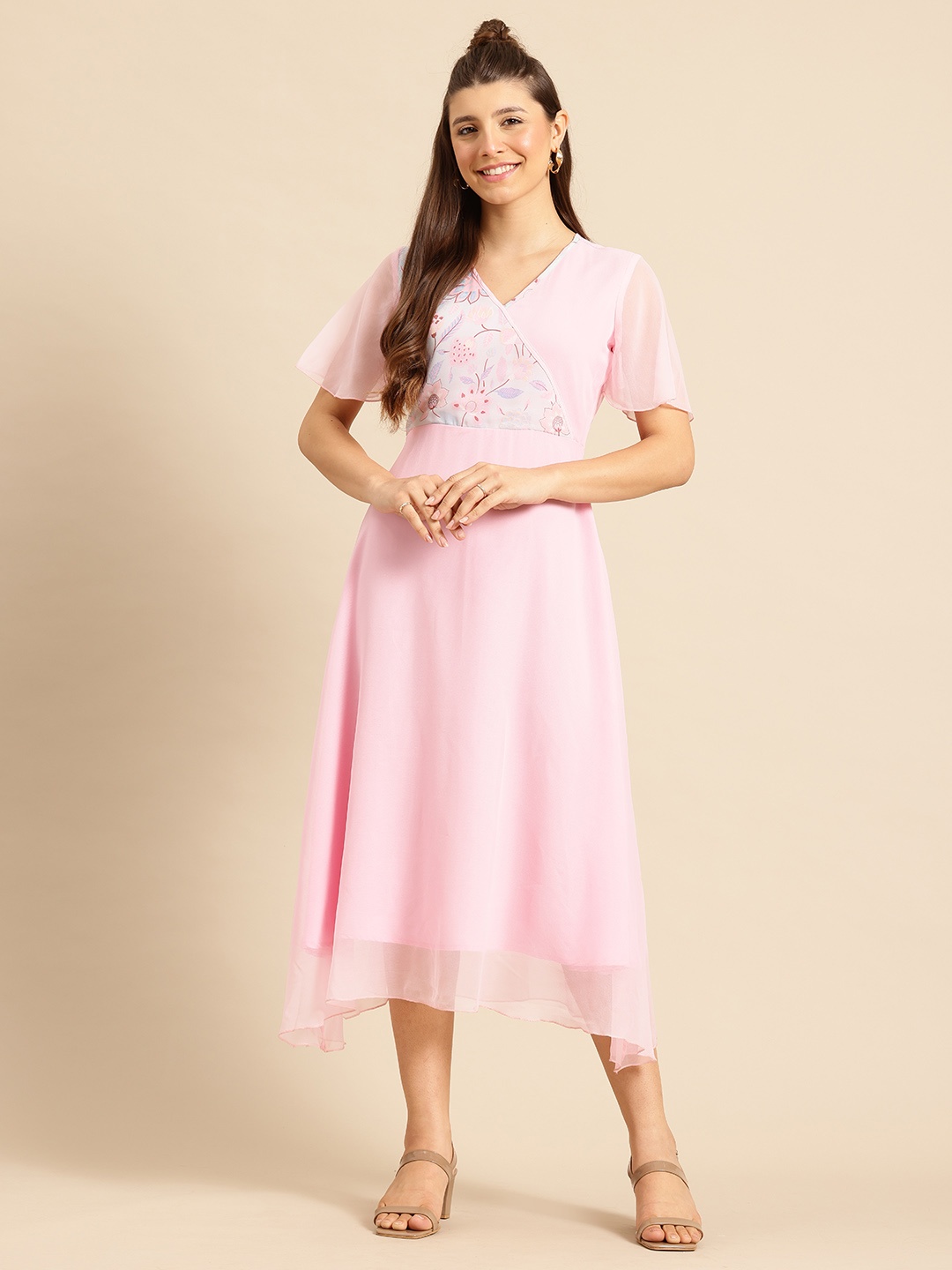 

Qurvii Floral Print Flared Sleeve Georgette Wrap Midi Dress, Pink