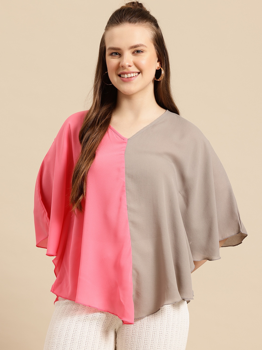 

Qurvii Colourblocked Kimono Sleeve Kaftan Top, Grey