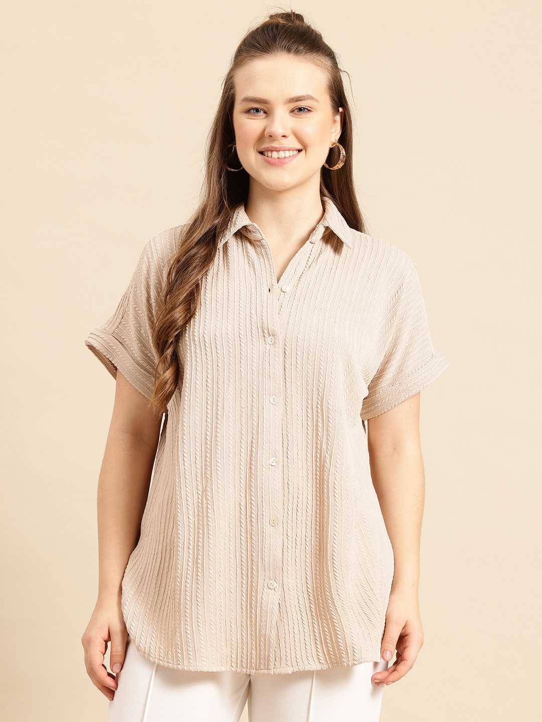 

Qurvii Women Comfort Self Design Casual Shirt, Beige