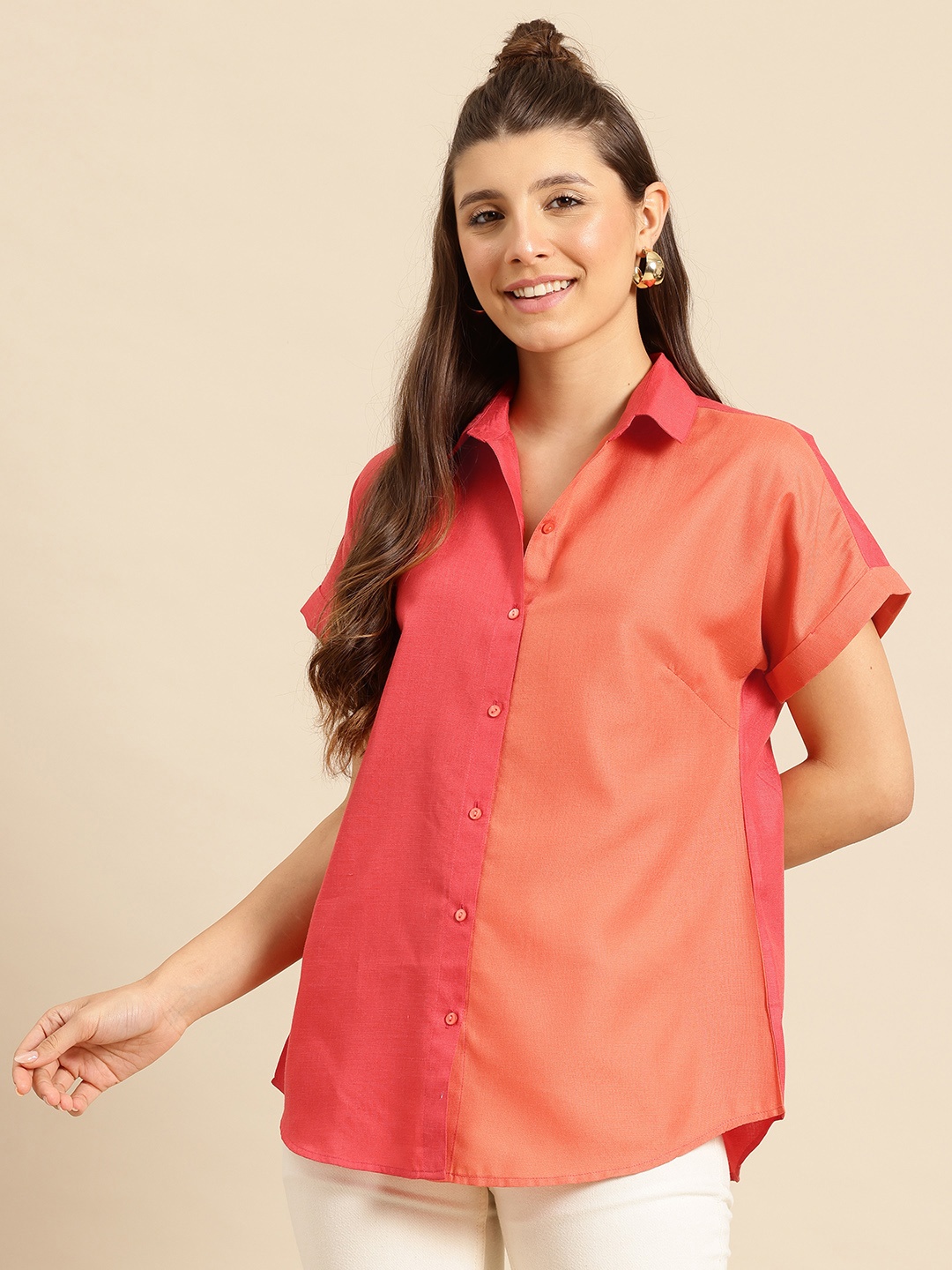 

Qurvii Women Comfort Semi Sheer Colourblocked Casual Shirt, Fuchsia