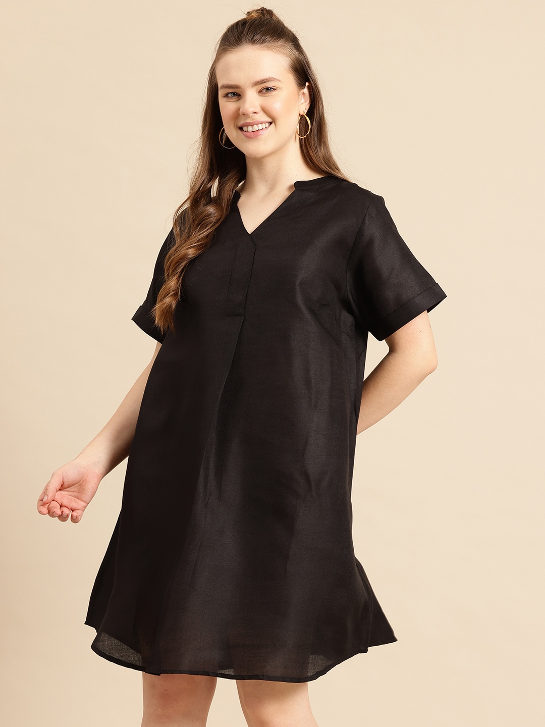 

Qurvii Mandarin Collar A-Line Dress, Black