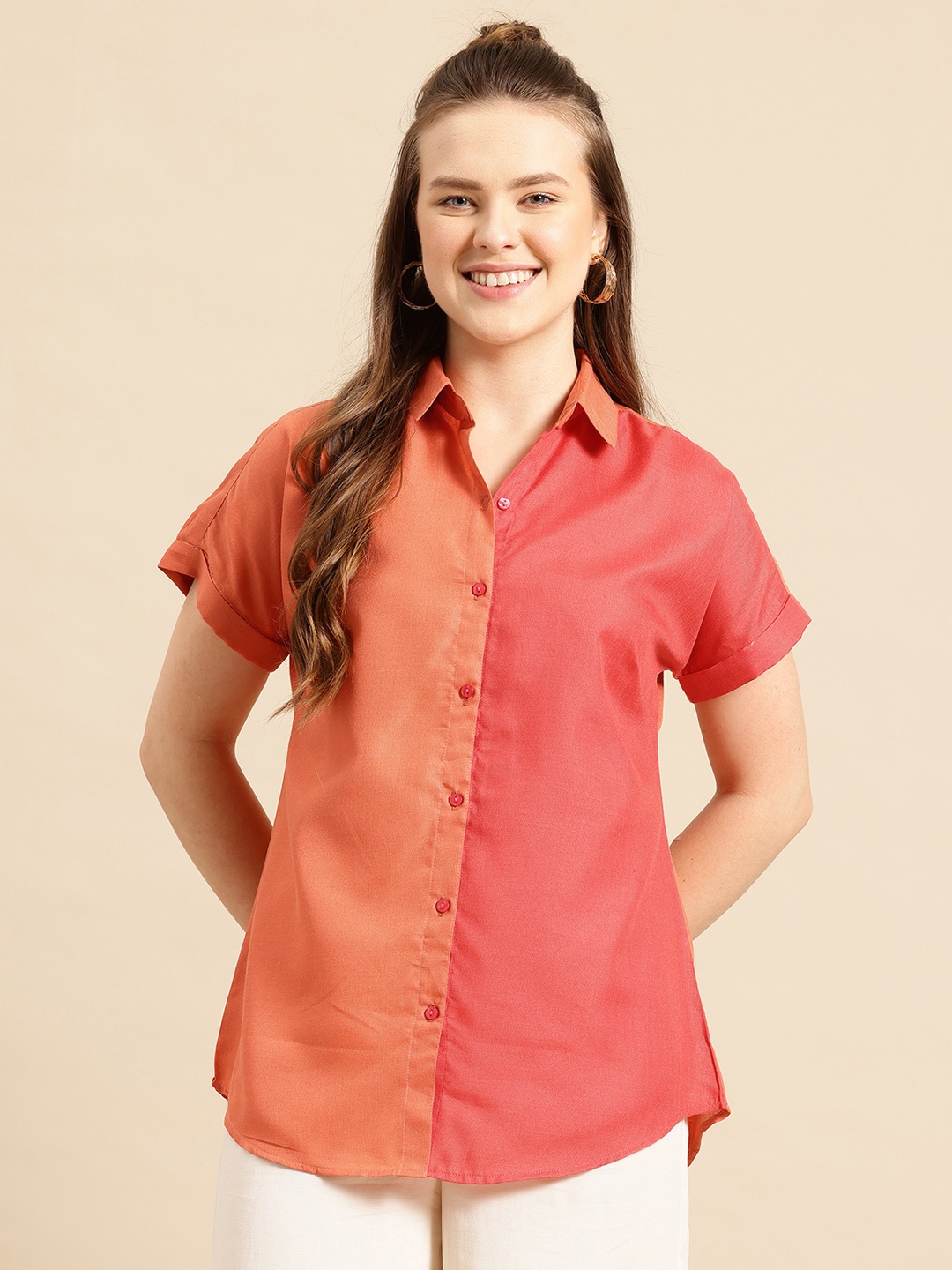 

Qurvii Women Comfort Semi Sheer Colourblocked Casual Shirt, Orange