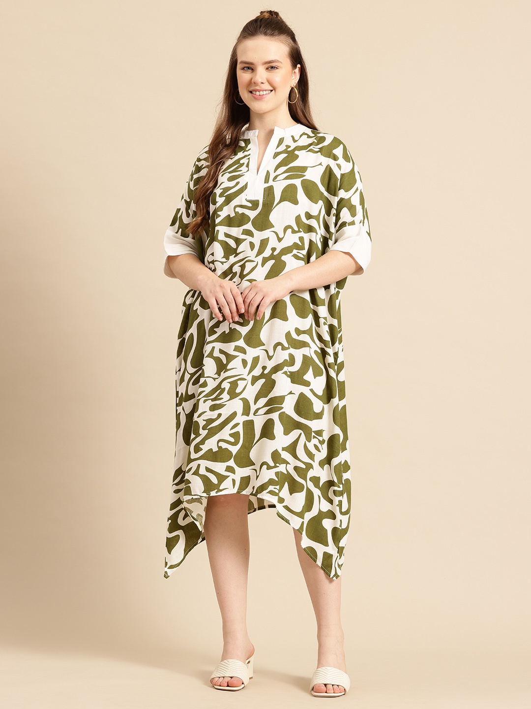 

Qurvii Print Mandarin Collar A-Line Dress, Olive
