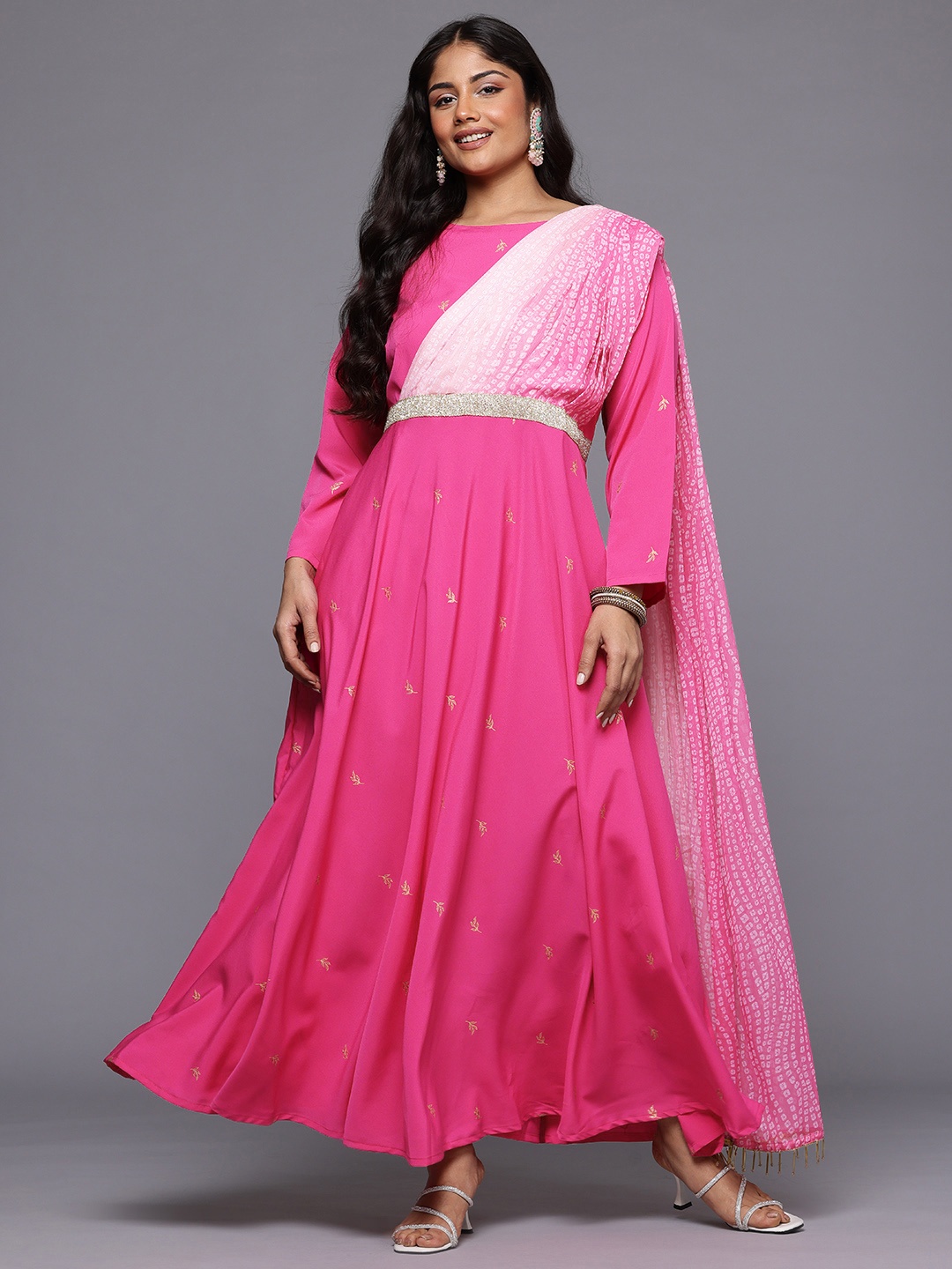 

A PLUS BY AHALYAA Plus Size Ethnic Printed Maxi Ethnic Gown With Embellished Detail, Pink