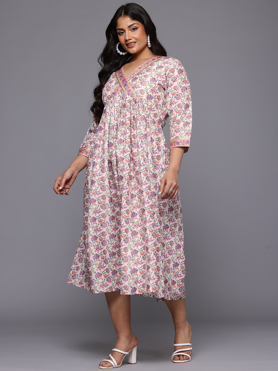 

A PLUS BY AHALYAA Plus Size Floral Printed Sequinned Chanderi Midi Empire Ethnic Dress, Multi