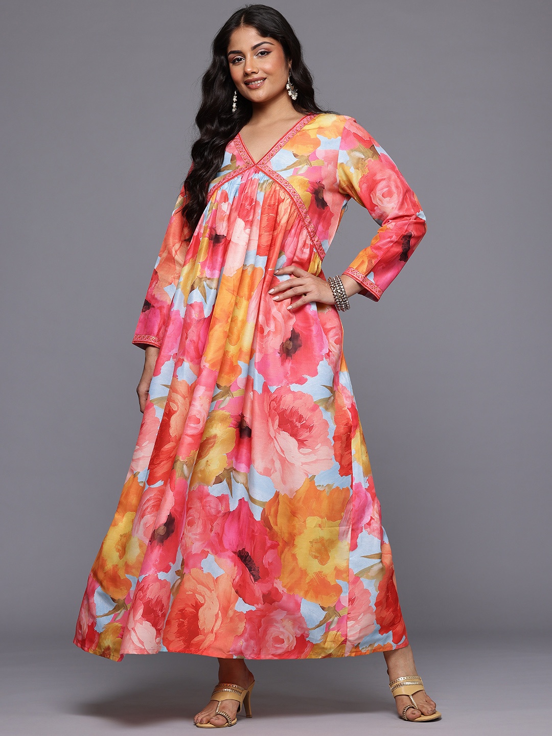 

A PLUS BY AHALYAA Plus Size Floral Printed Maxi Empire Ethnic Dress, Multi