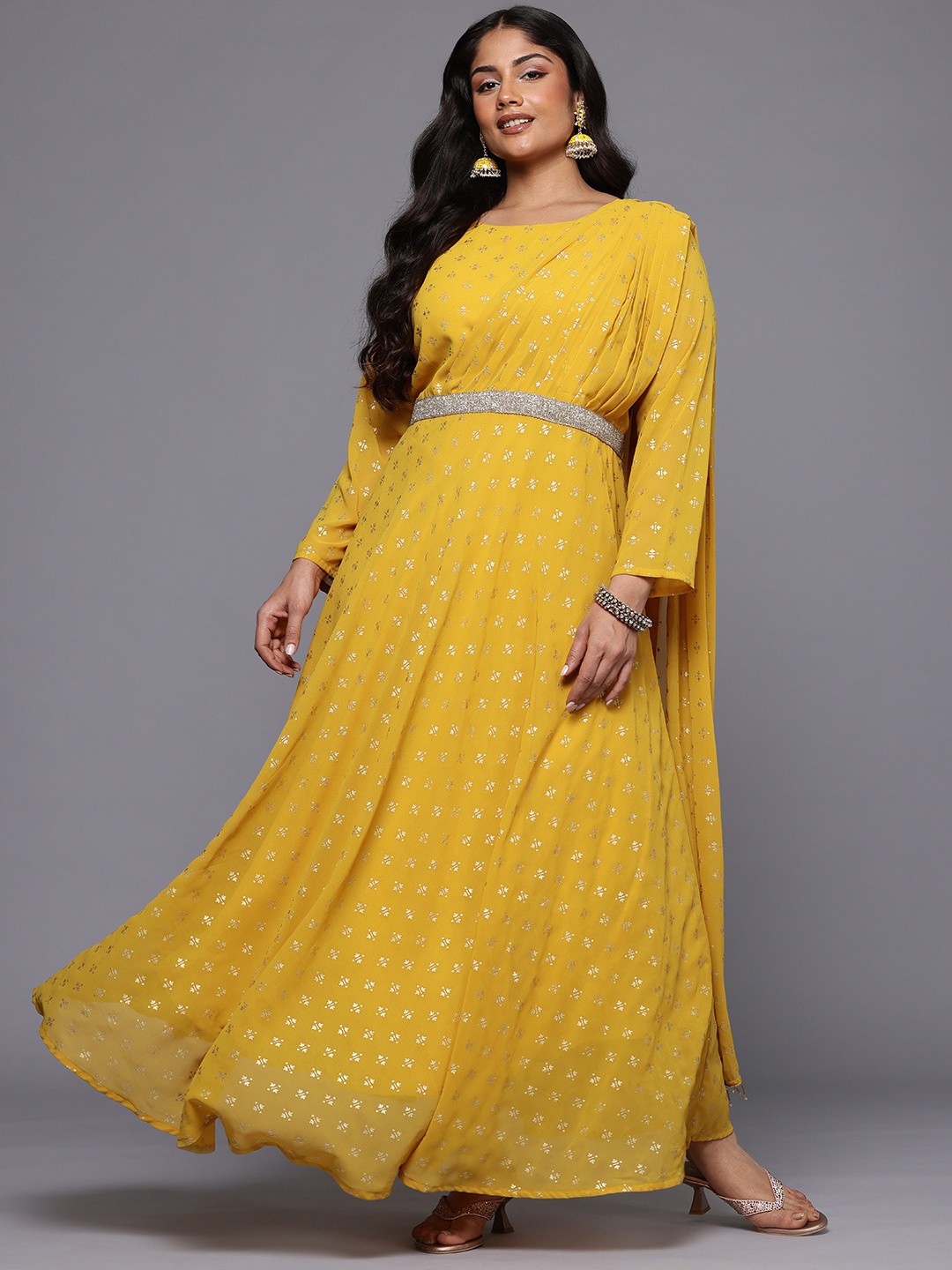 

A PLUS BY AHALYAA Plus Size Ethnic Printed Maxi Ethnic Gown With Embellished Detail, Mustard