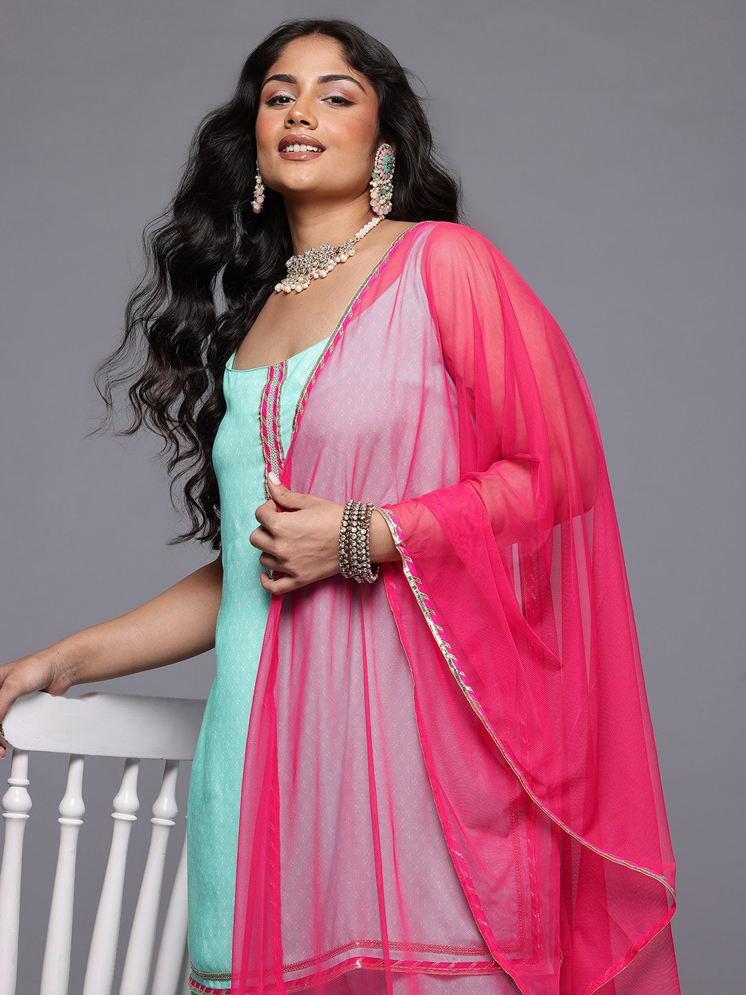

A PLUS BY AHALYAA Plus Size Floral Printed Gotta Patti Kurta with Sharara & With Dupatta, Turquoise blue