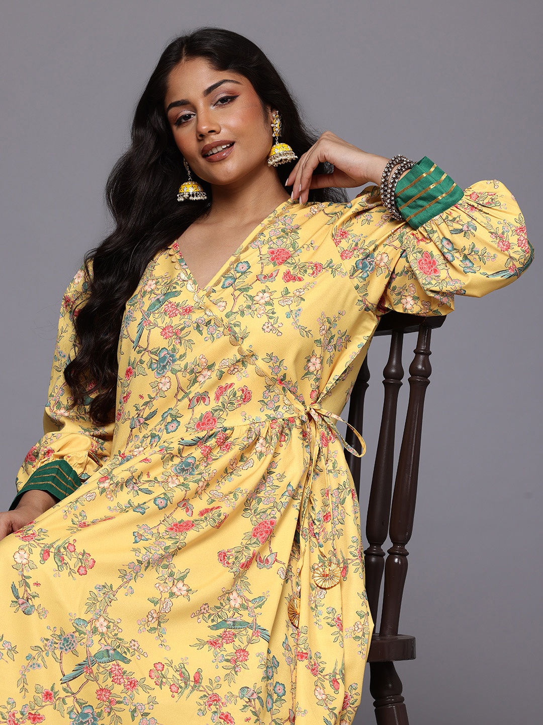 

A PLUS BY AHALYAA Plus Size Floral Printed Crepe Wrap Maxi Ethnic Dress, Yellow