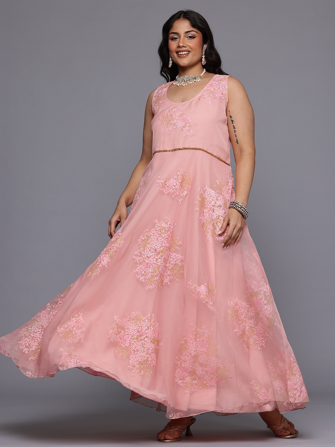 

A PLUS BY AHALYAA Plus Size Floral Printed Sequinned Organza Maxi Ethnic Gown, Pink