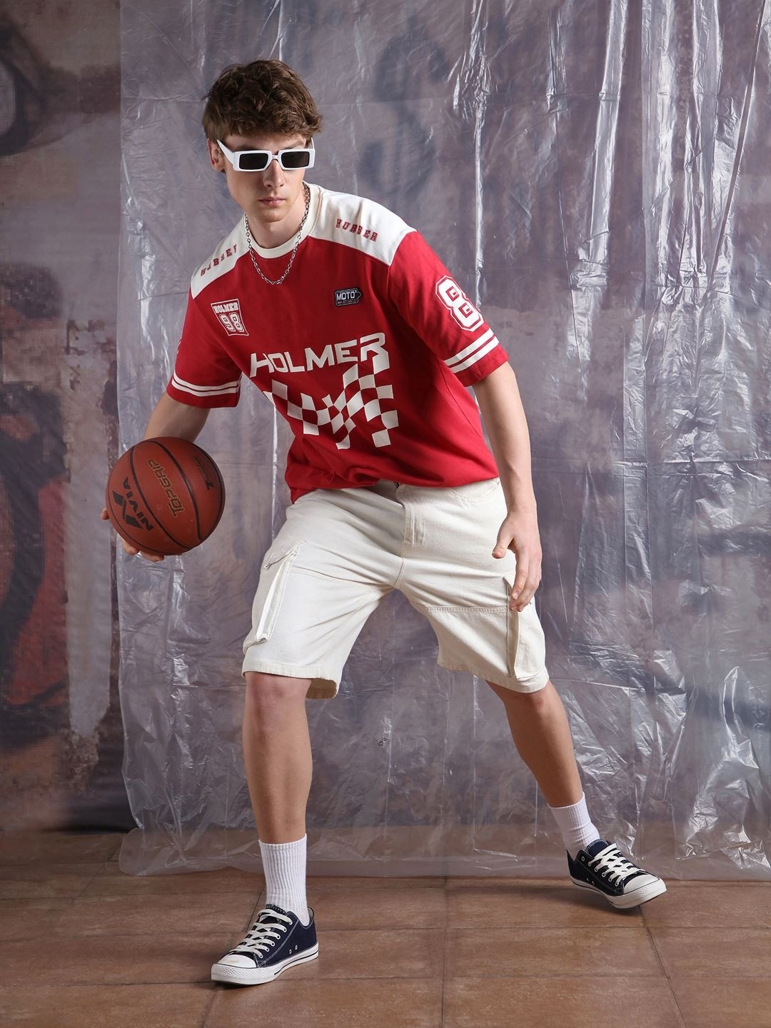 

Hubberholme Men Moto Varsity Graphic Printed Oversized Fit T-shirt, Red