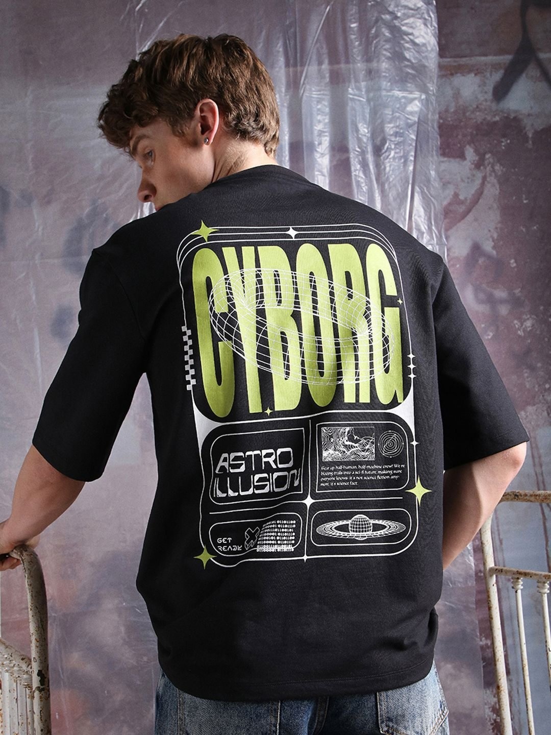 

Hubberholme Men Cyborg Graphic Printed Oversized Fit T-shirt, Black