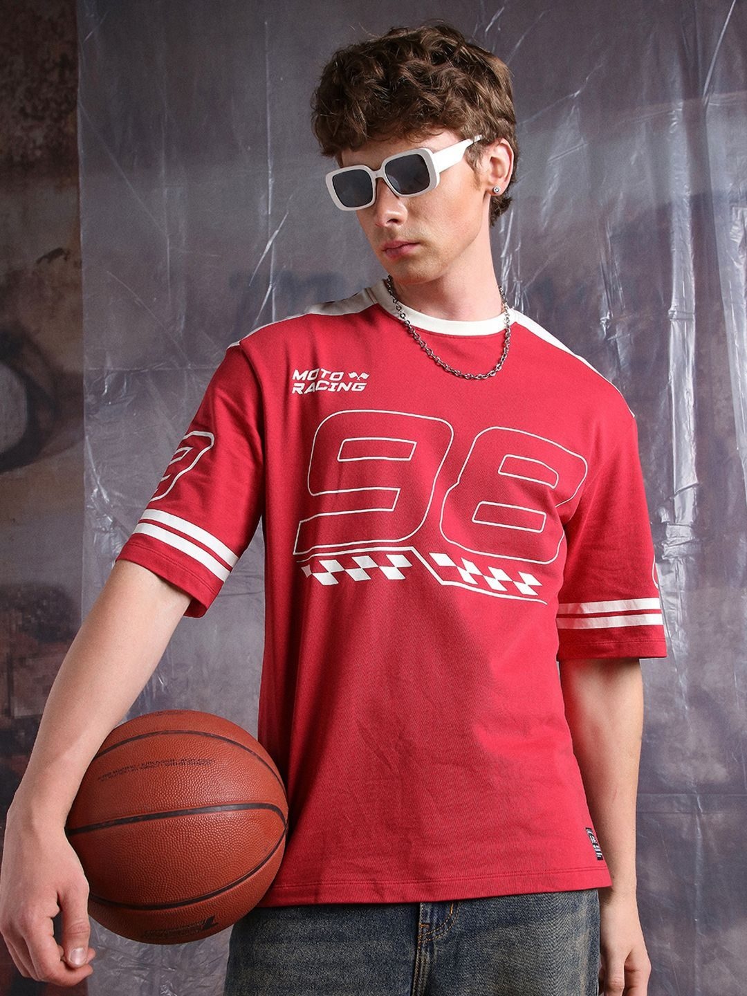 

Hubberholme Men Moto Varsity Graphic Printed Oversized Fit T-shirt, Red