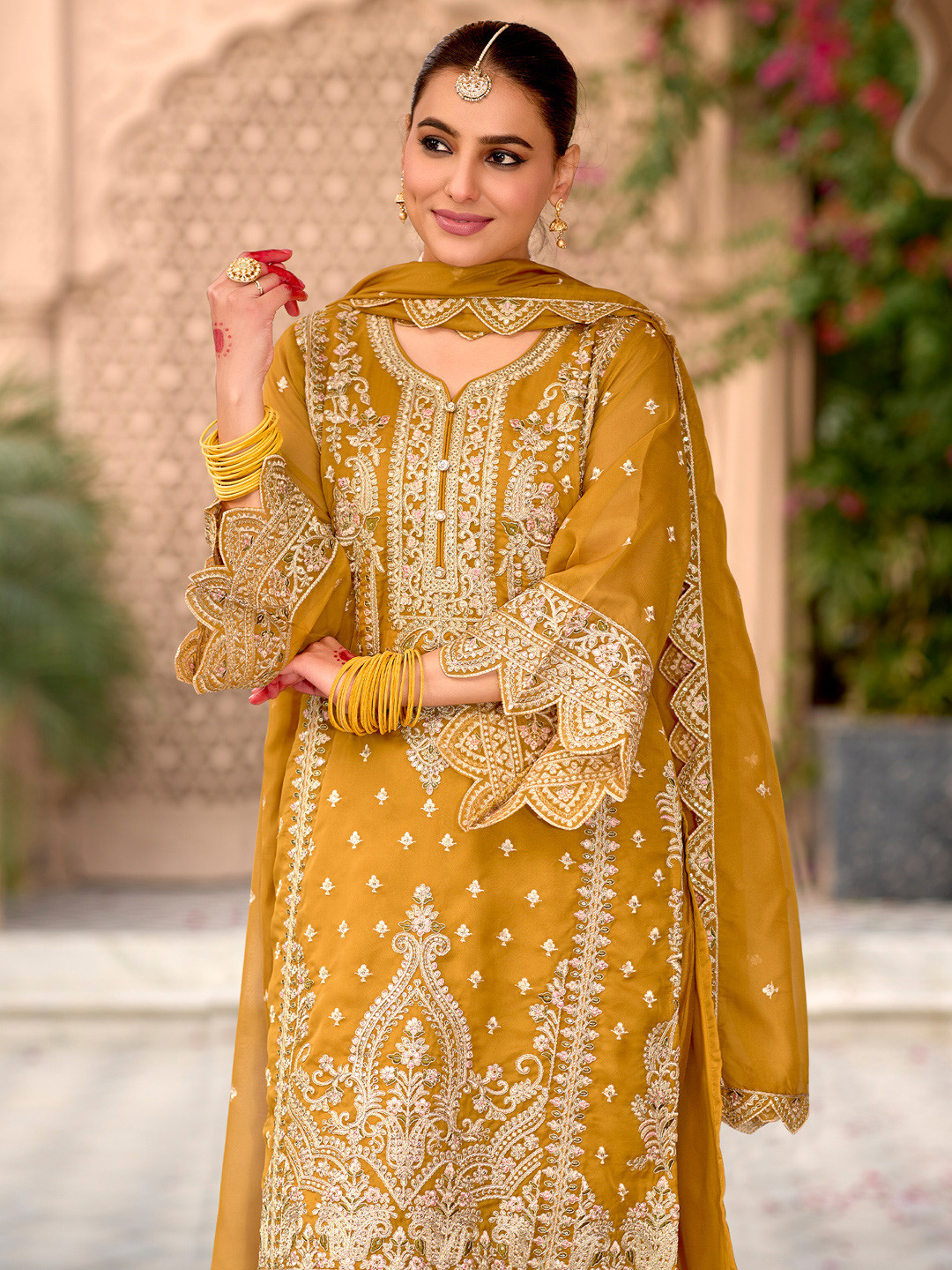 

Indo Era Floral Embroidered Zari Organza Kurta With Trousers And Dupatta, Yellow