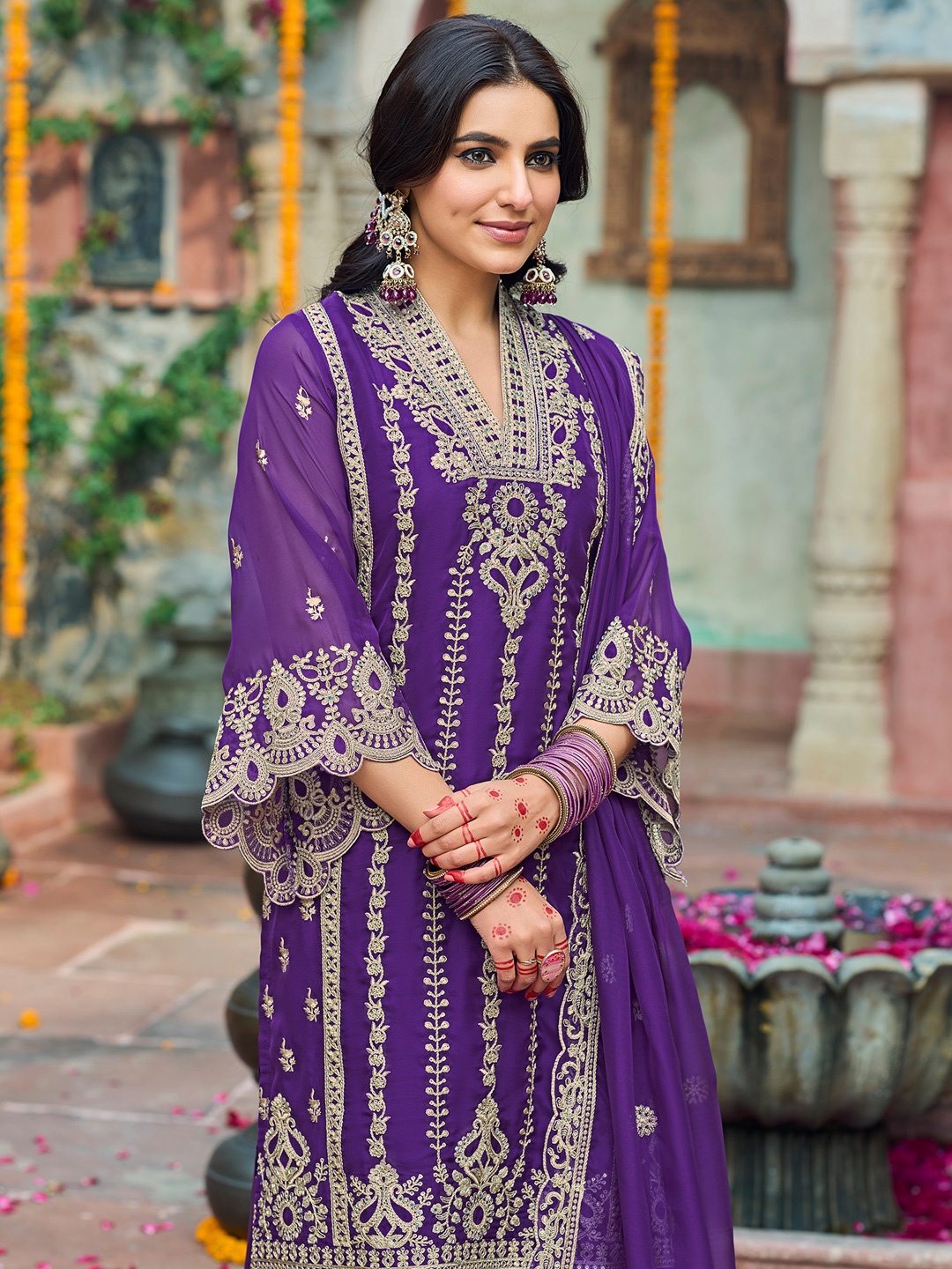 

Indo Era Floral Embroidered V-Neck Zari Organza Straight Kurta With Trousers And Dupatta, Purple