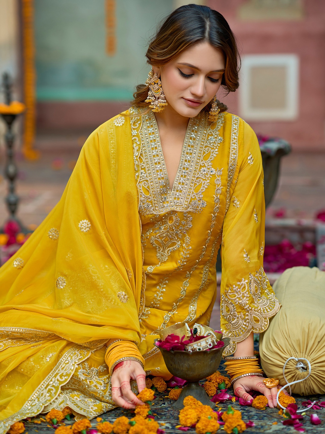 

Indo Era Floral Embroidered V-Neck Zari Organza Kurta With Trousers And Dupatta, Yellow