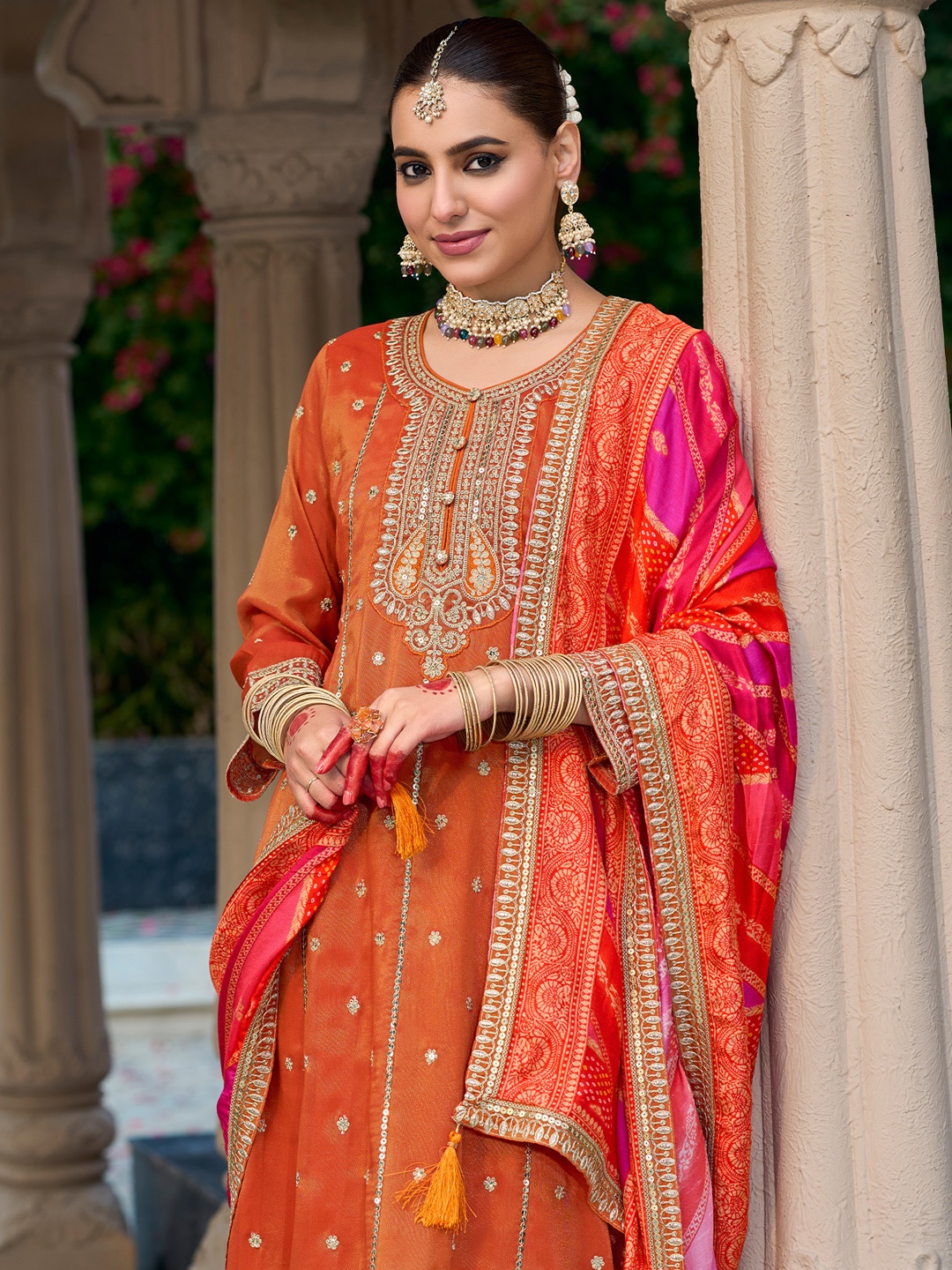 

Indo Era Ethnic Motifs Embroidered Sequinned Anarkali Kurta with Trouser & Dupatta, Rust