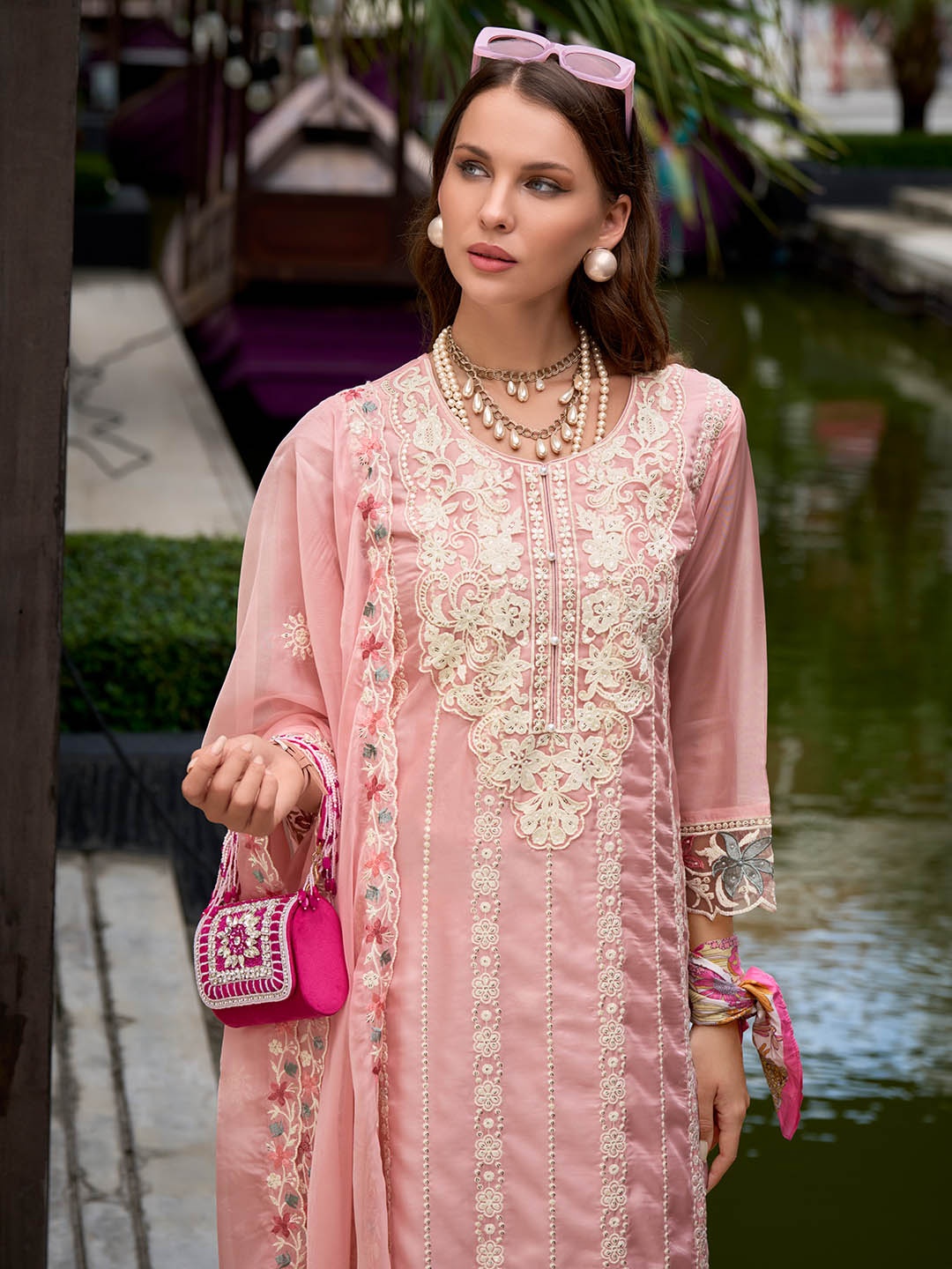 

Indo Era Floral Embroidered Sequinned Straight Kurta with Trouser & Dupatta, Peach