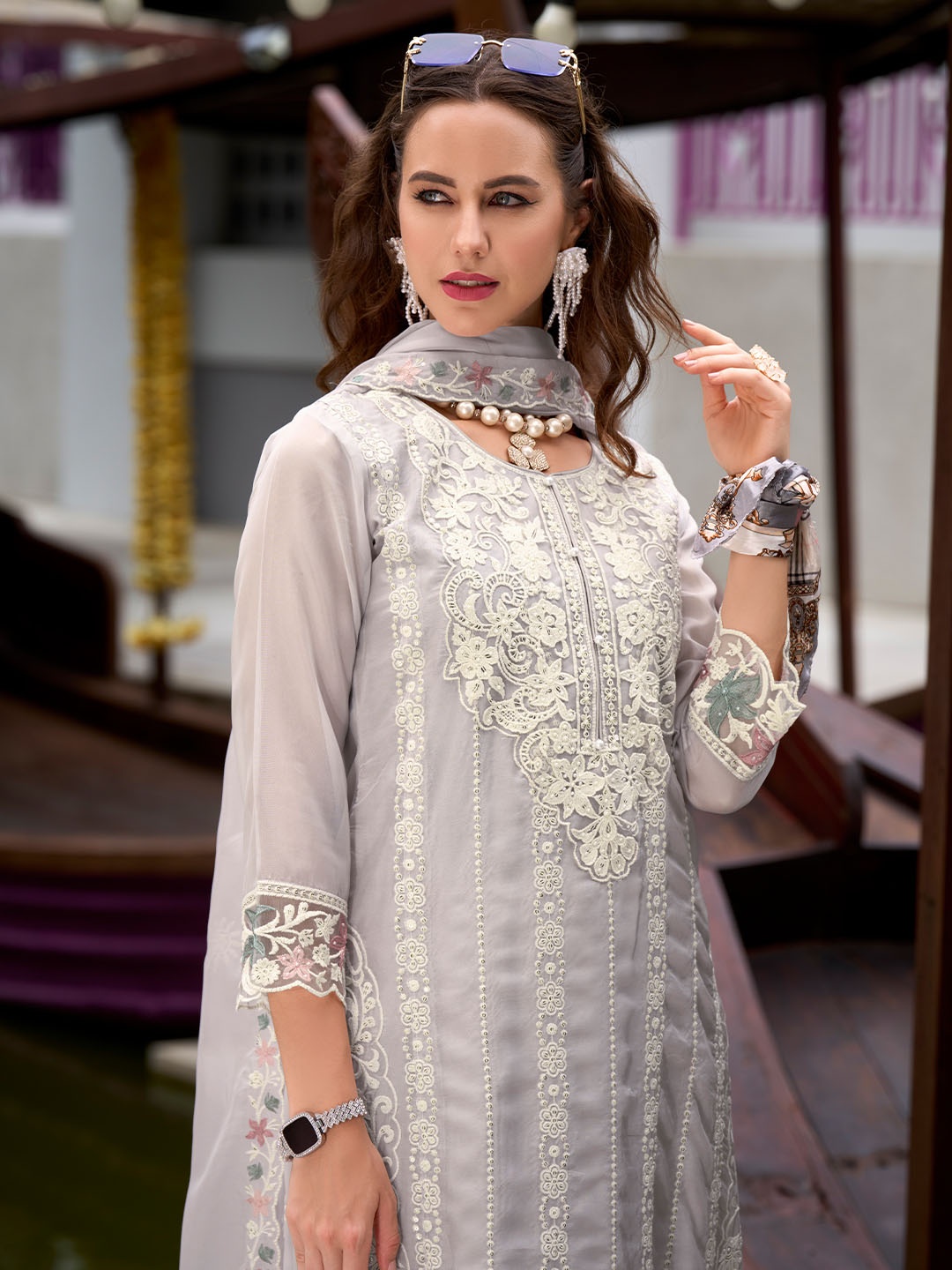 

Indo Era Floral Embroidered Sequinned Straight Kurta with Trouser & Dupatta, Grey