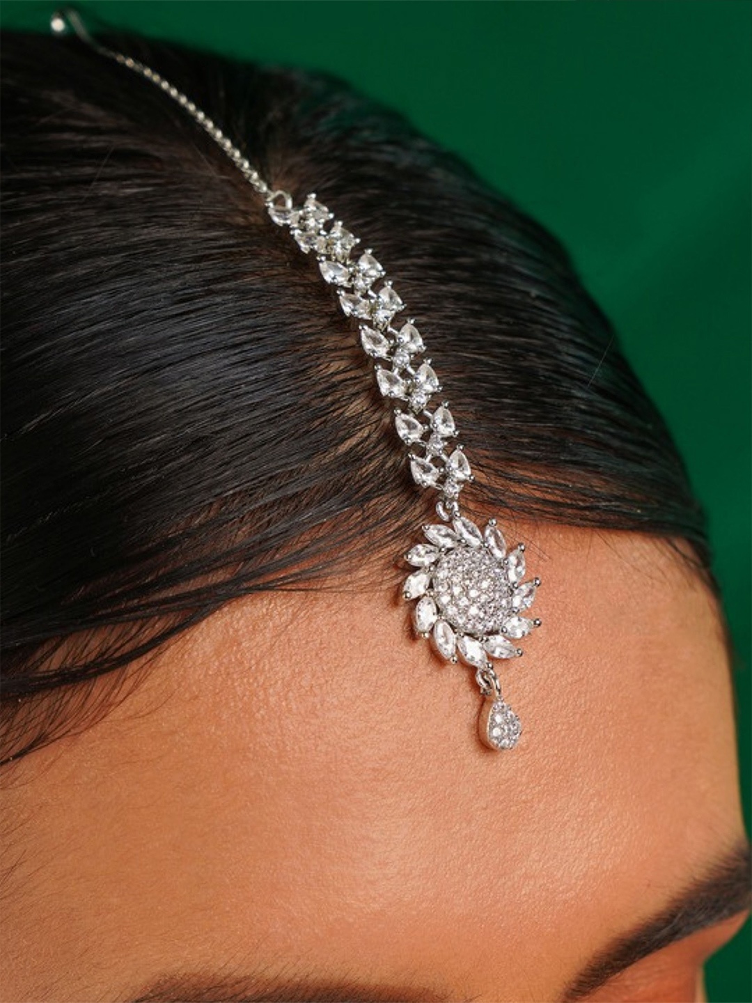 

ABDESIGNS Silver-Plated American Diamond Studded Maang Tikka Head Jewellery