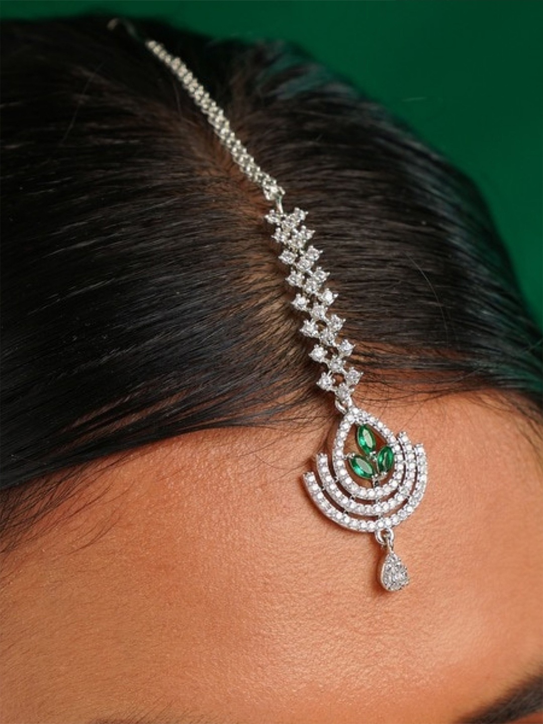 

ABDESIGNS Silver-Plated American Diamond Studded Maang Tikka Head Jewellery