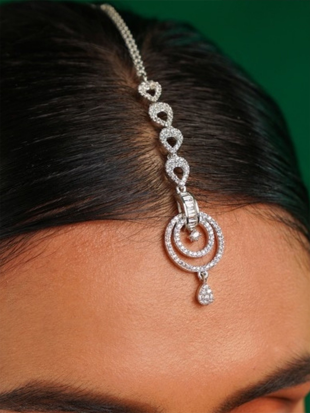 

ABDESIGNS Silver-Plated American Diamond Studded Maang Tikka Head Jewellery