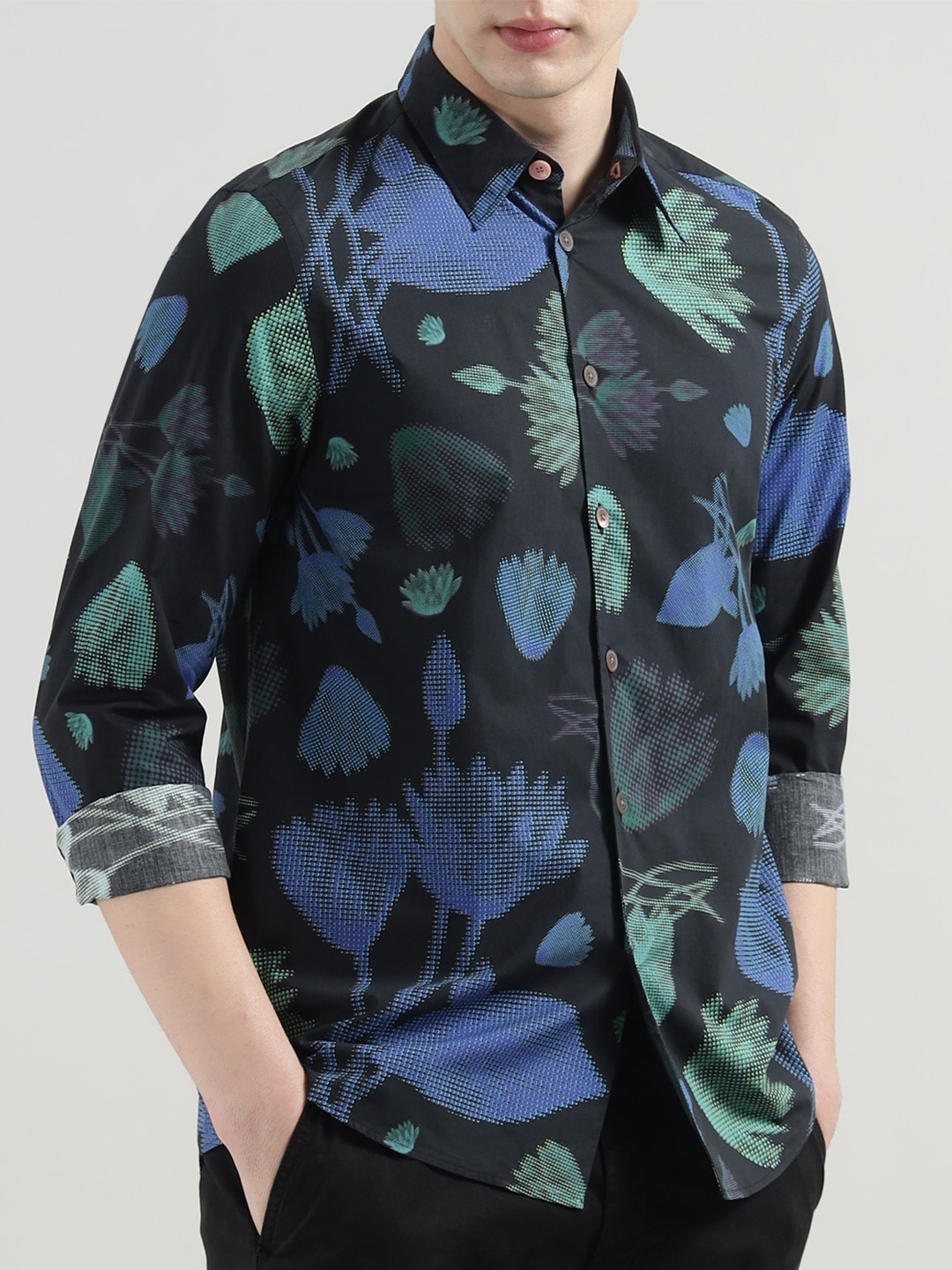 

PS By Paul Smith Men Spread Collar Floral Printed Cotton Casual Shirt, Black