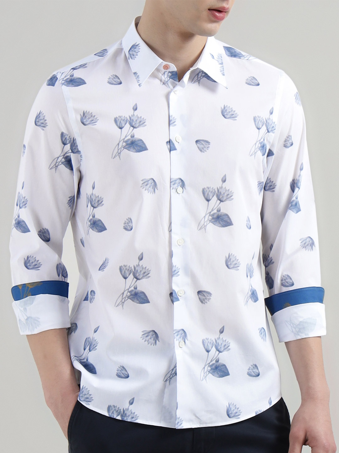 

PS By Paul Smith Men Spread Collar Floral Printed Cotton Casual Shirt, White