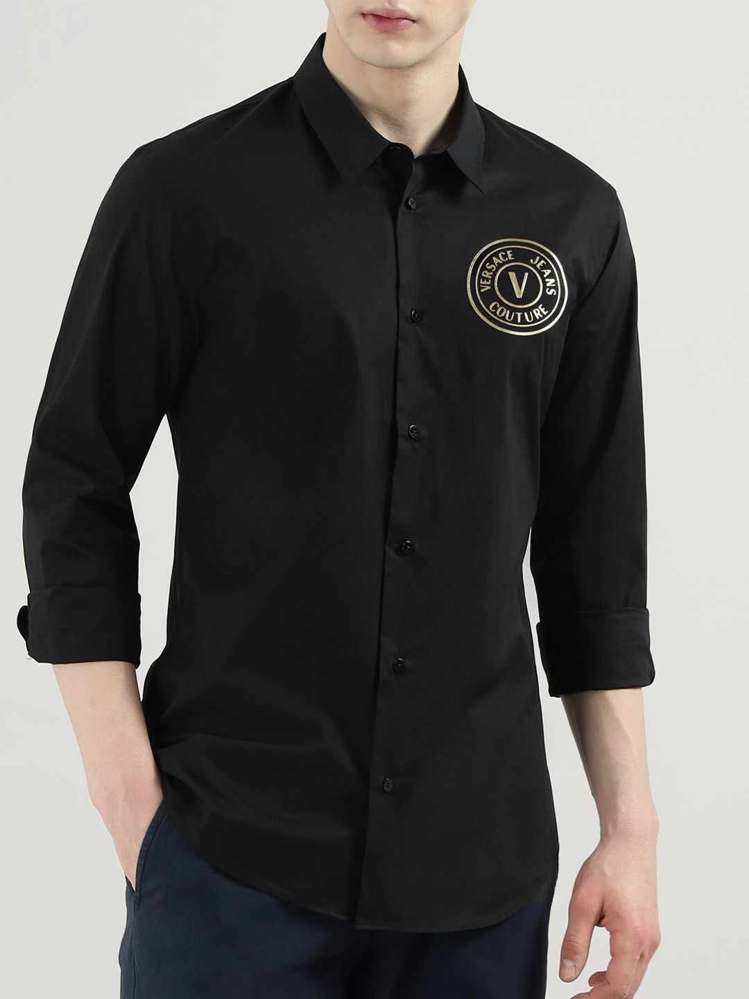 

Versace Jeans Couture Men Slim Fit Spread Collar Solid Cotton Casual Shirt, Black