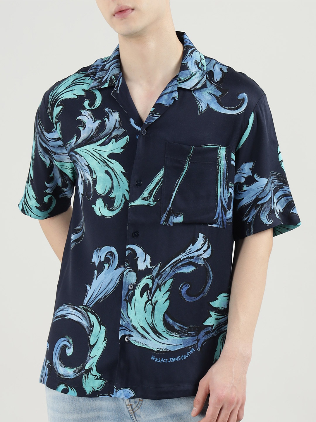 

Versace Jeans Couture Men Relaxed Fit Cuban Collar Floral Printed Casual Shirt, Navy blue