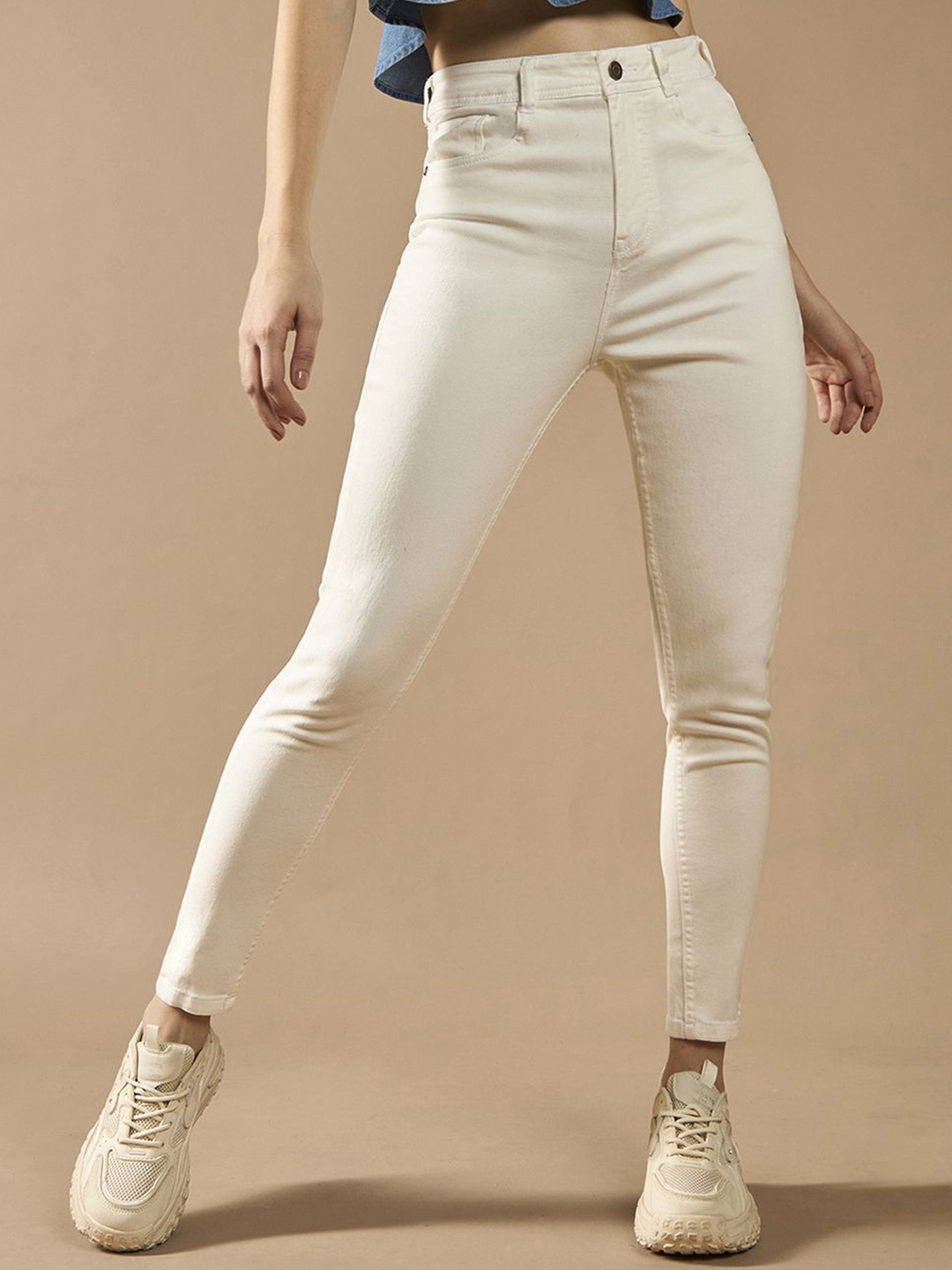 

DOLCE CRUDO Women Skinny Fit High-Rise Light Fade Stretchable Jeans, White