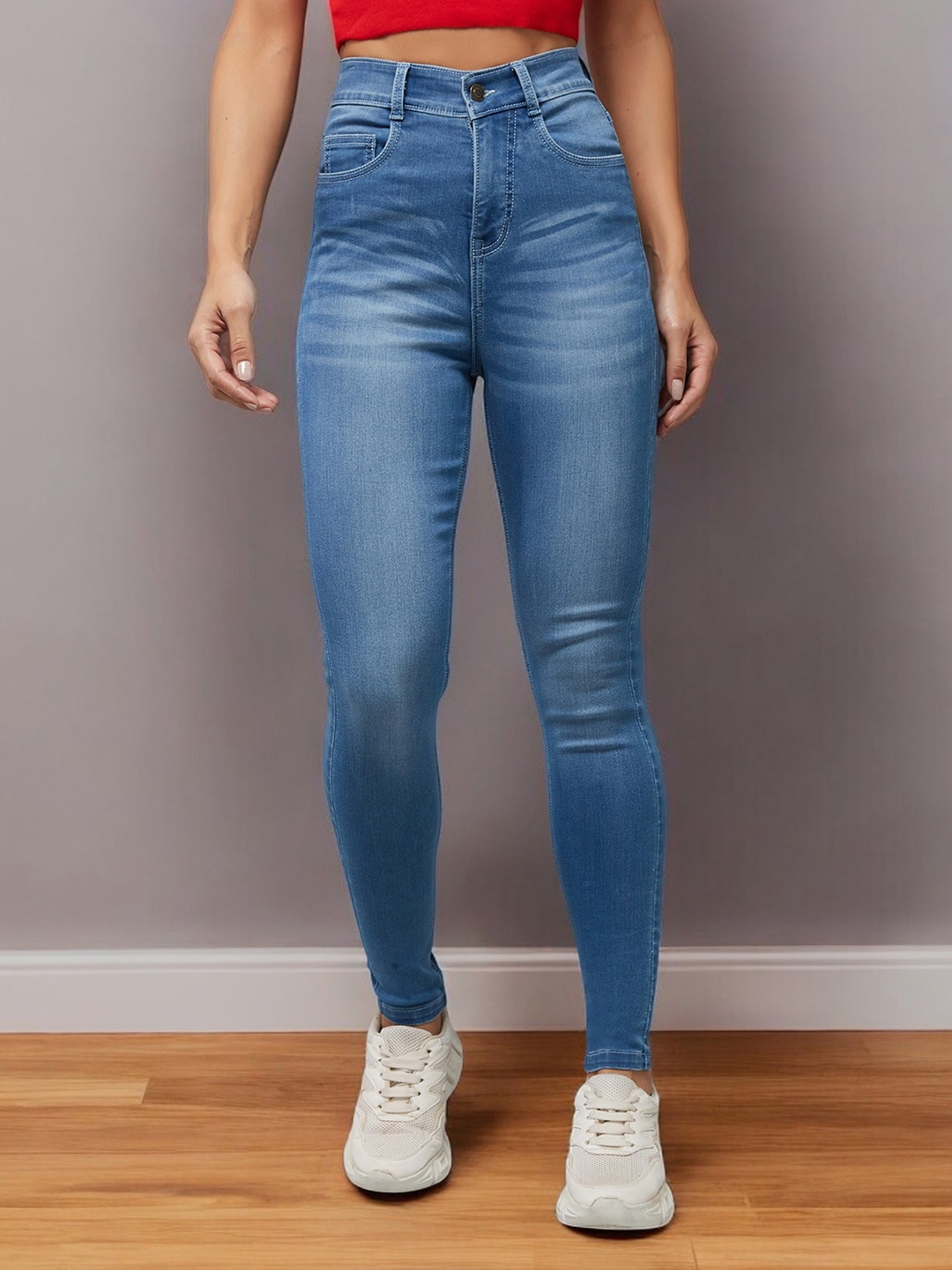 

DOLCE CRUDO Women Super Skinny Fit High-Rise Light Fade Stretchable Jeans, Blue
