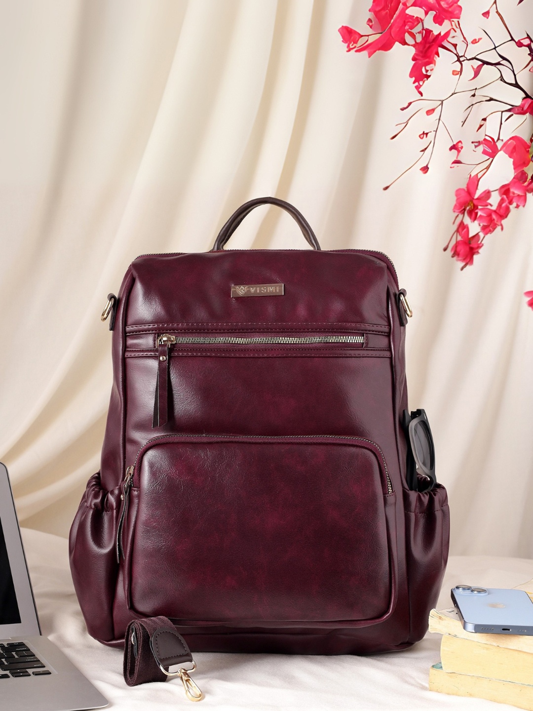 

VISMIINTREND Women Swagger PU Leather College 15" Laptop Backpack with Belt, Burgundy