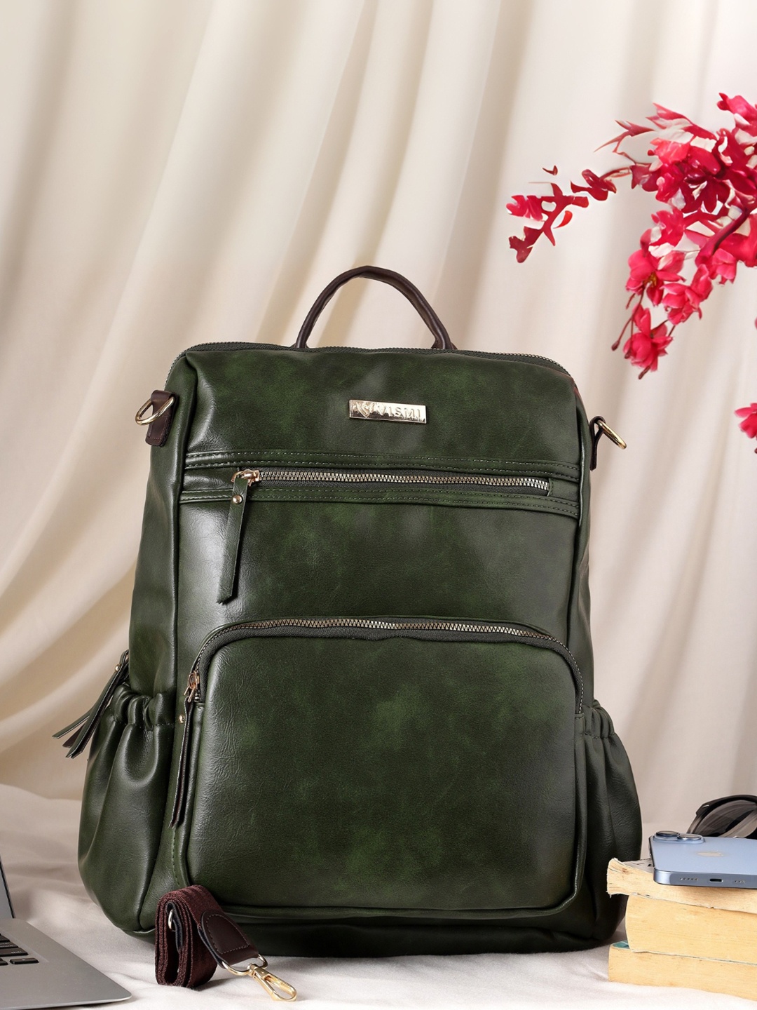 

VISMIINTREND Women PU Leather 15" Laptop Convertible Backpack Handbag with Belt, Green
