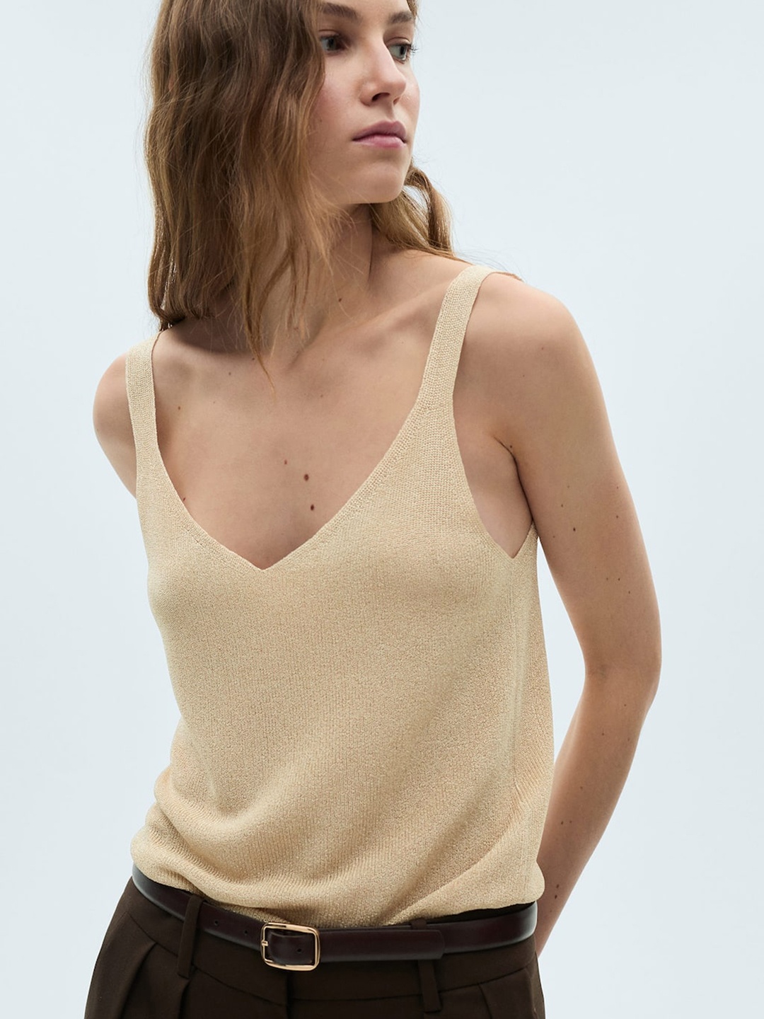 

MANGO Lurex Knitted Top, Beige