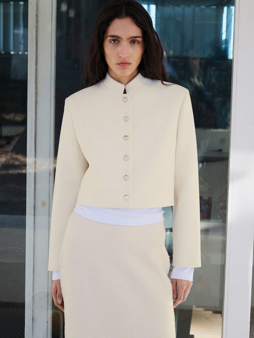 

MANGO Crop Tailored Jacket, Off white
