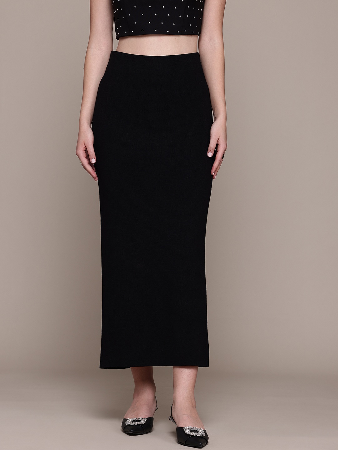 

MANGO Knitted High-Rise Maxi Pencil Skirt with Back Slit, Black