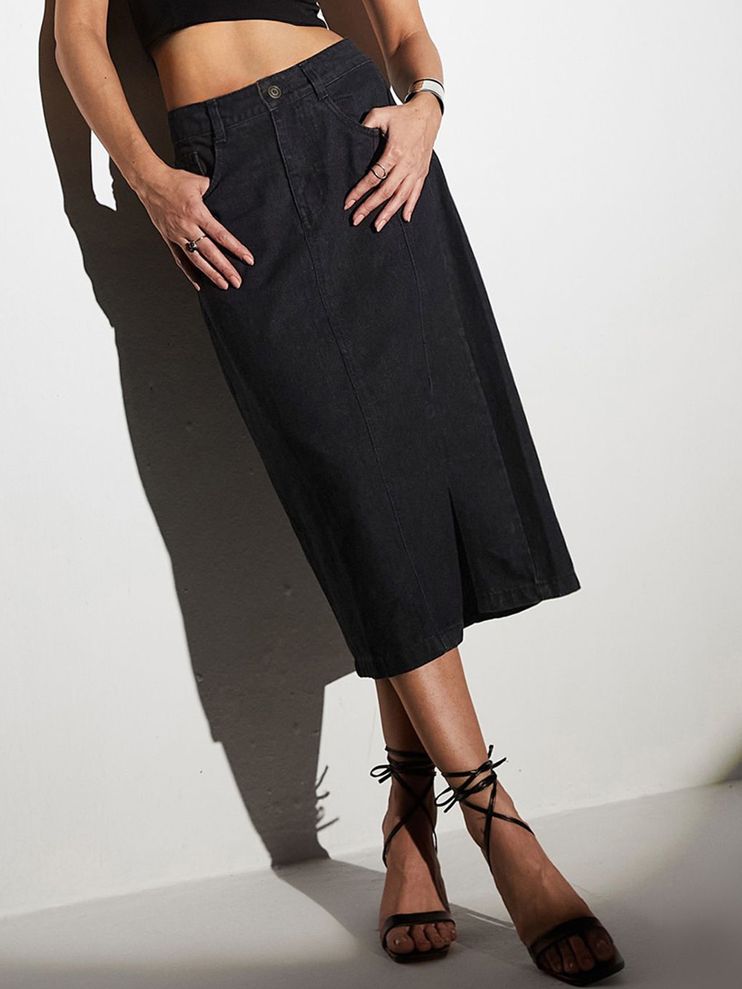 

Miss Chase Women Straight-Fit High-Rise Stretchable Denim Midi Skirt, Black