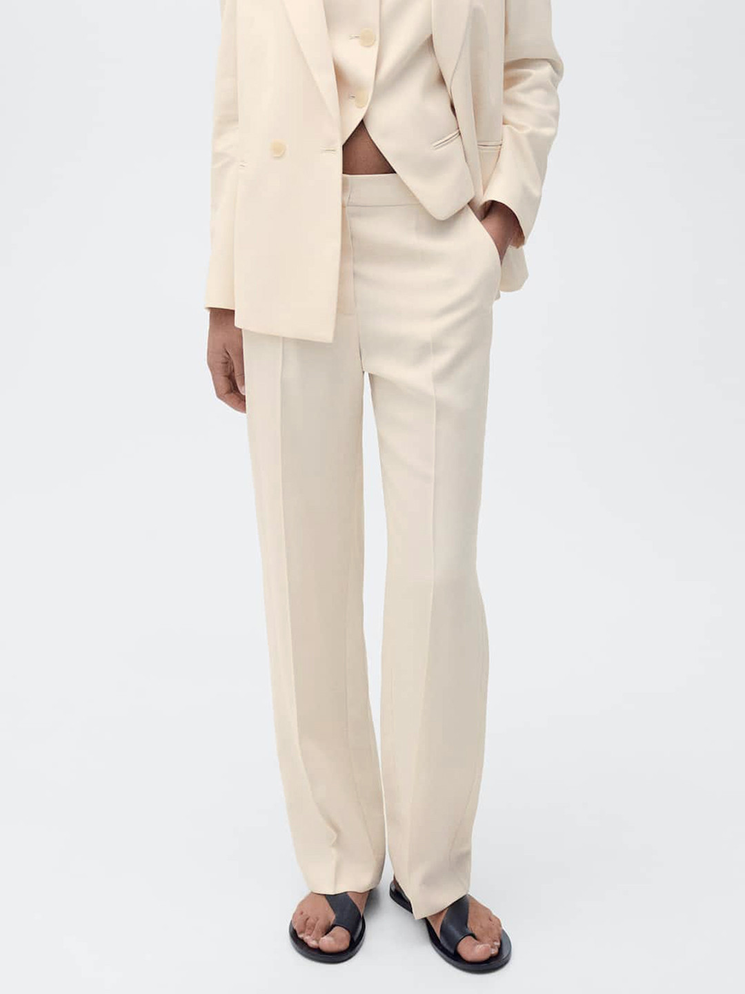 

MANGO Women Straight Fit Pleated Trousers, Off white