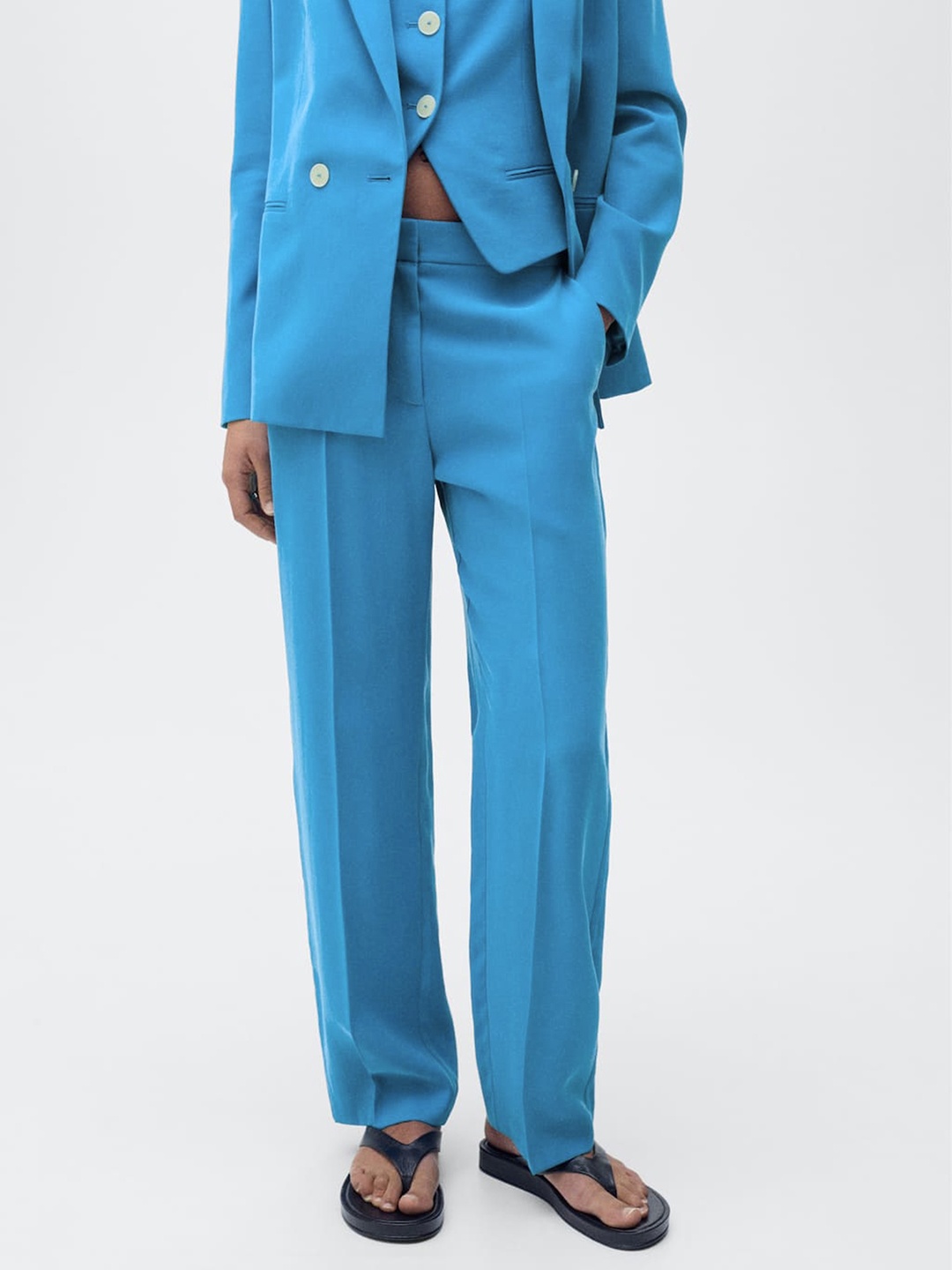 

MANGO Women Straight Fit Pleated Trousers, Turquoise blue