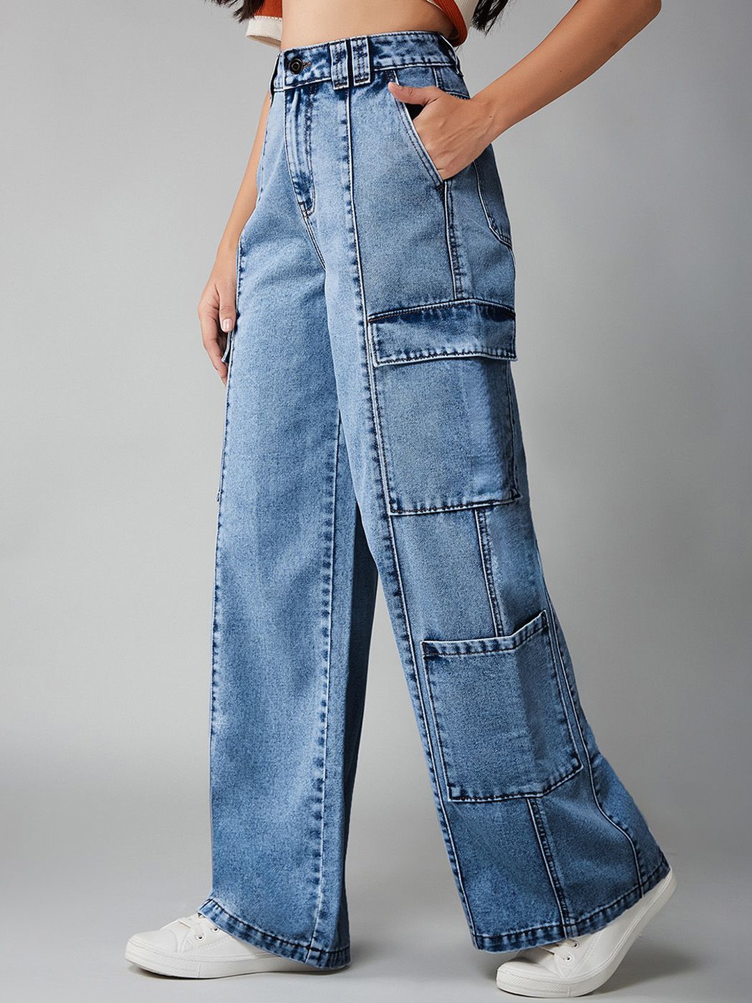 

DOLCE CRUDO Women Wide Leg High-Rise Heavy Fade Stretchable Jeans, Blue