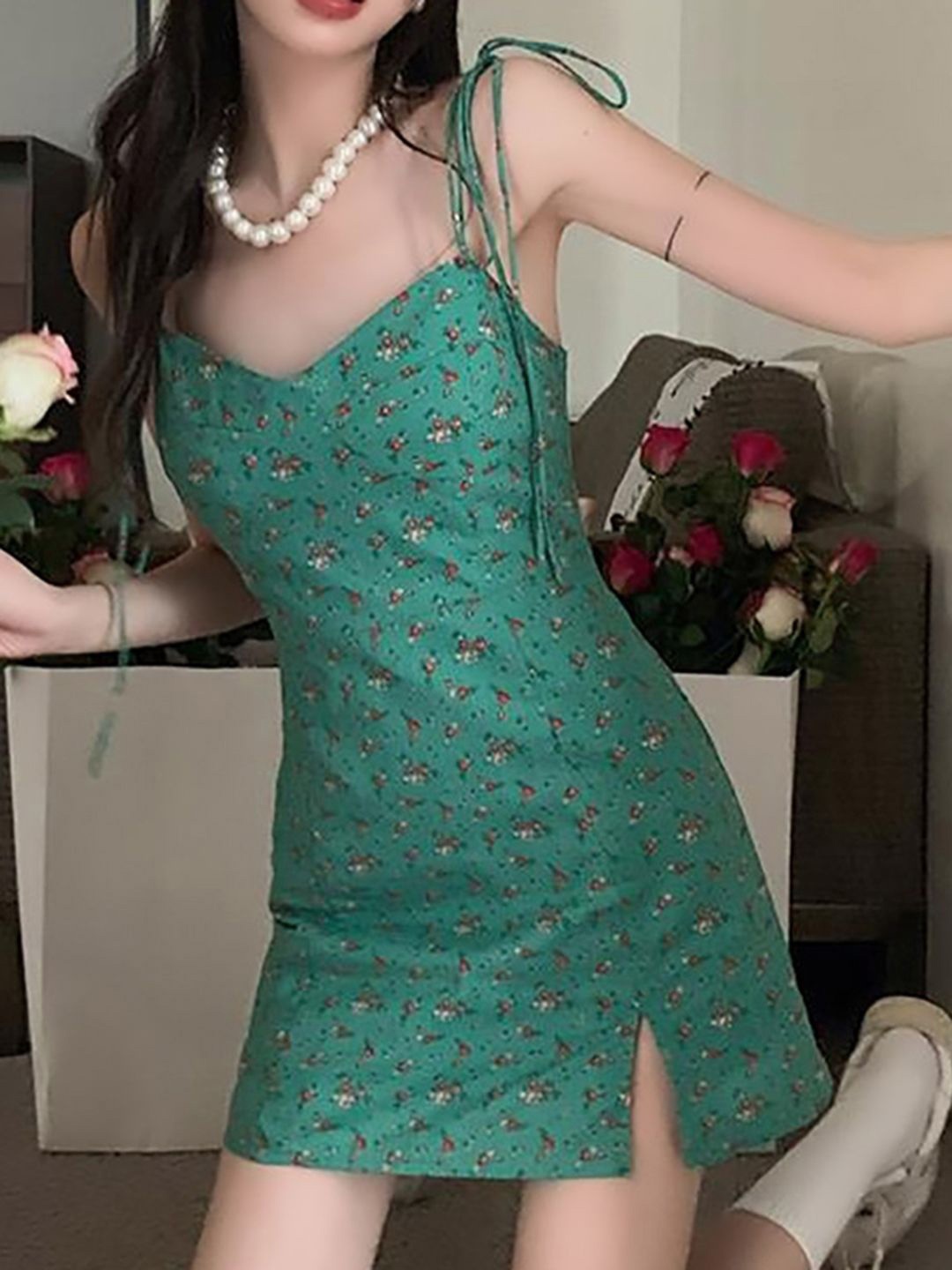 

Mast & Harbour Women Floral Printed A-Line Mini Dress, Green