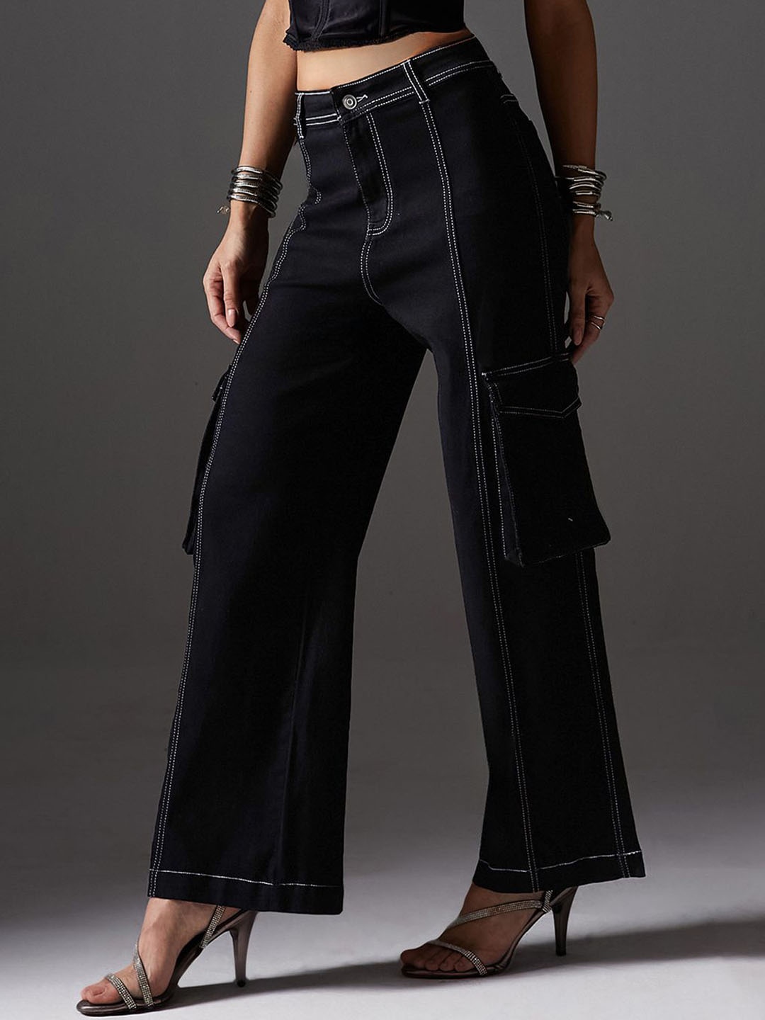 

Miss Chase Women Wide Leg High-Rise Stretchable Cargo Jeans, Black