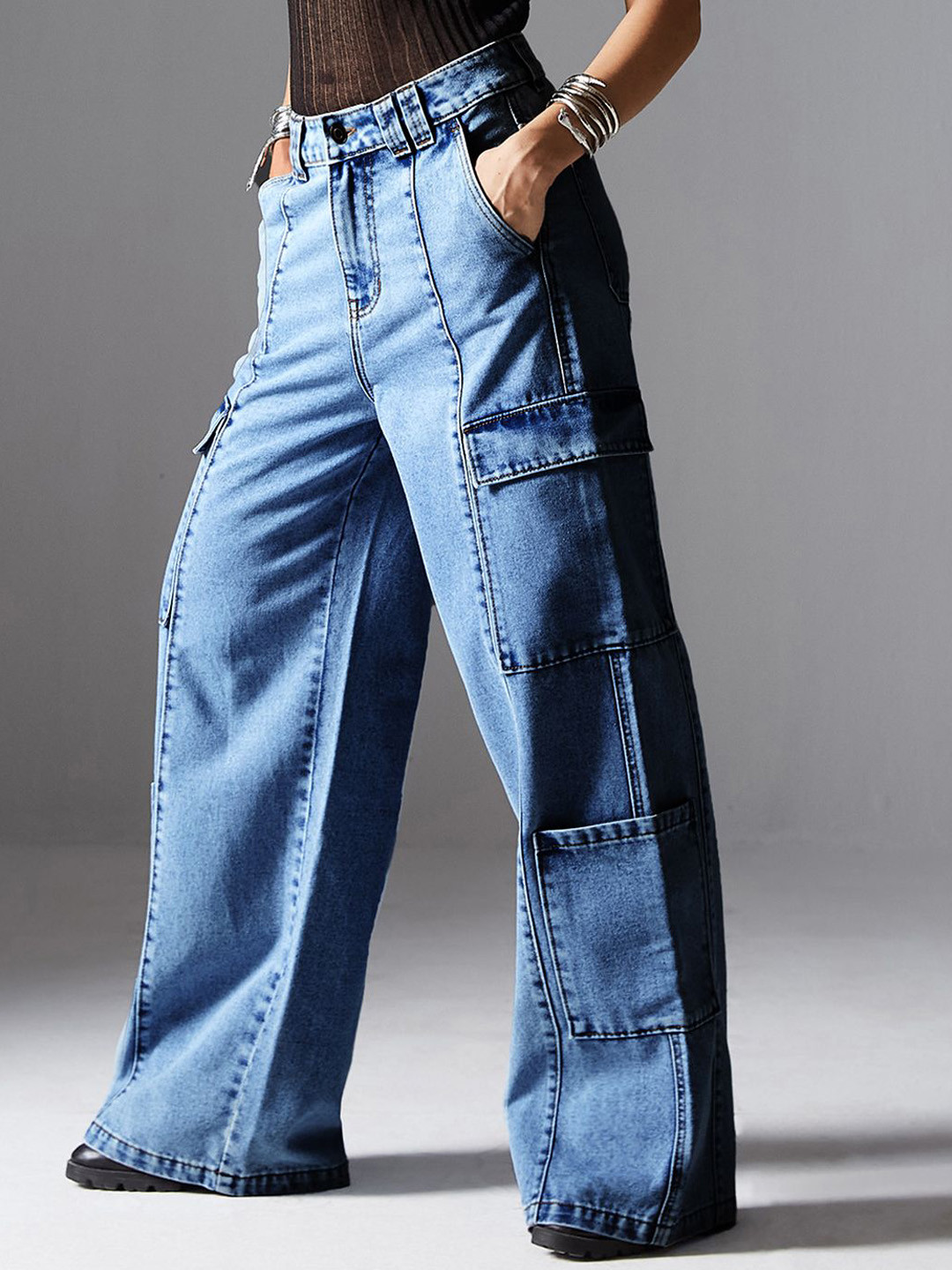 

Miss Chase Women Wide Leg High-Rise Heavy Fade Stretchable Jeans, Blue