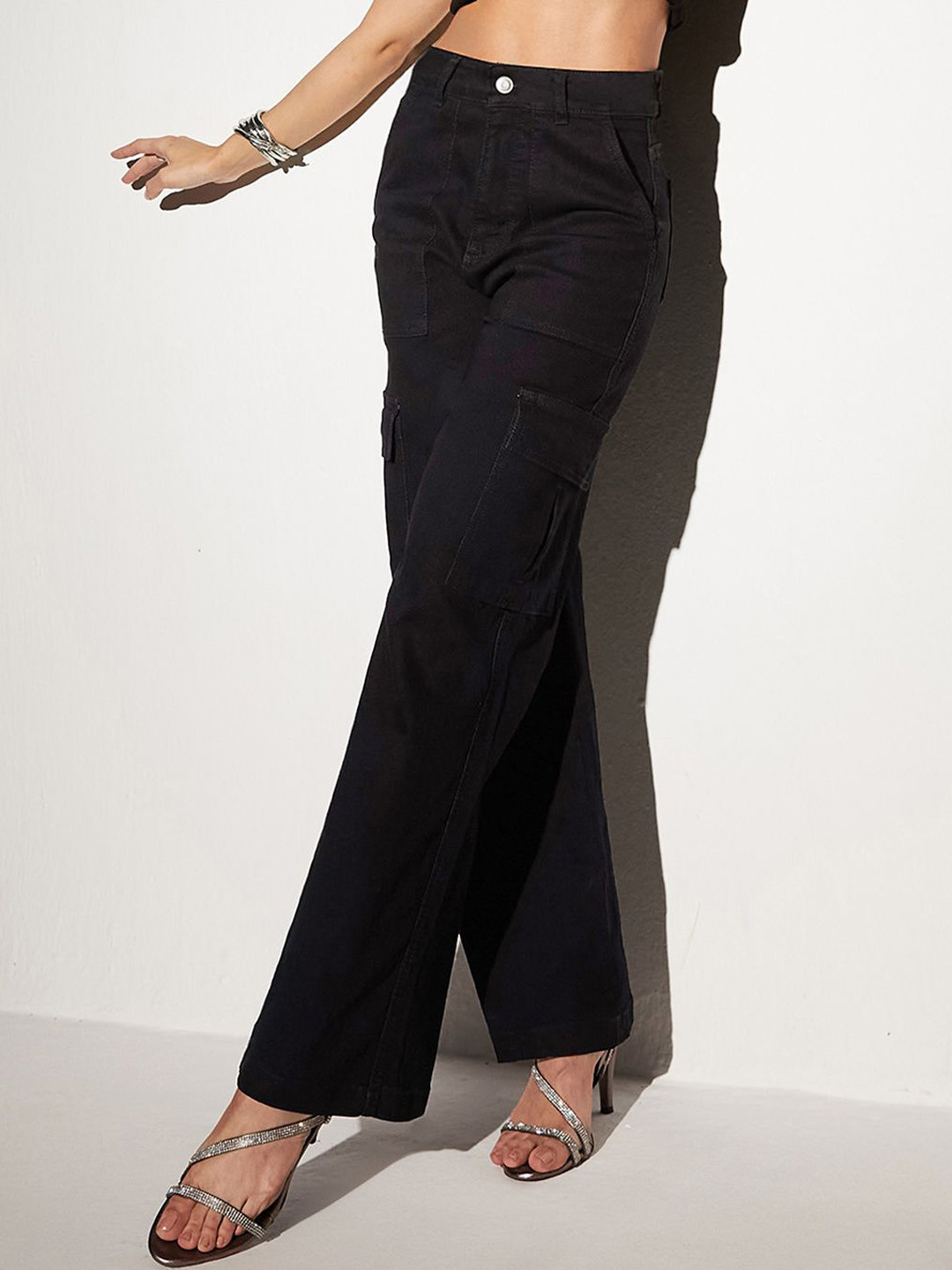 

Miss Chase Women Wide Leg High-Rise Stretchable Cargo Jeans, Black