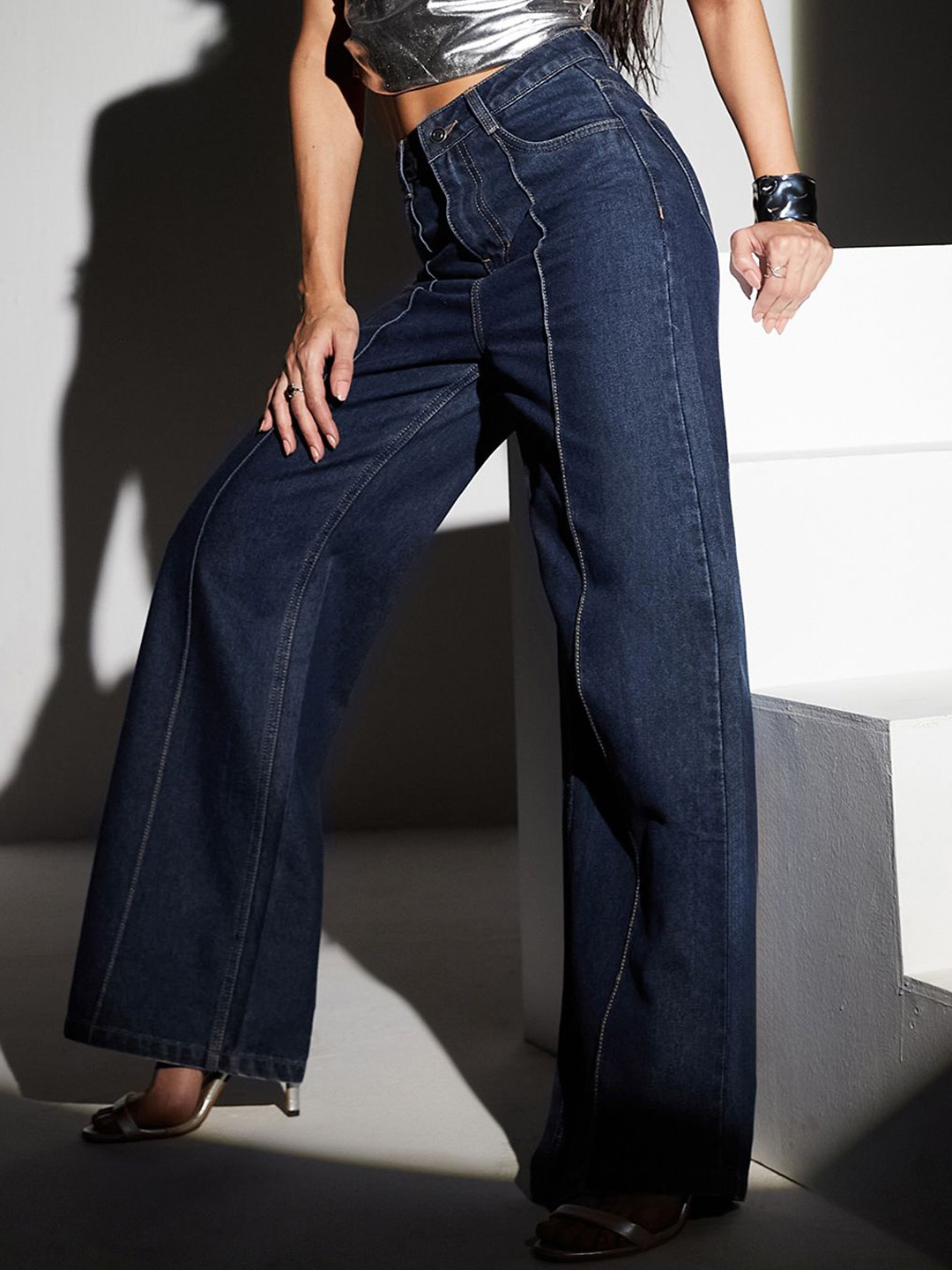

Miss Chase Women Wide Leg High-Rise Panelled Stretchable Jeans, Blue