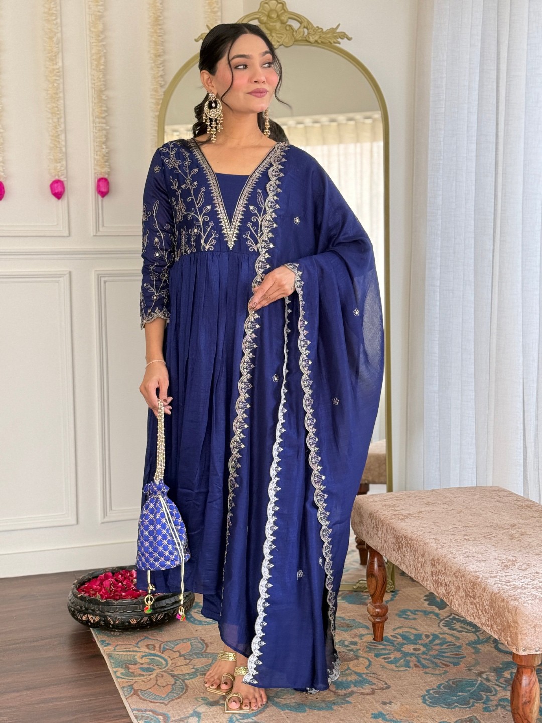 

KALINI Embroidered V Neck Kurta With Trousers & Dupatta, Blue